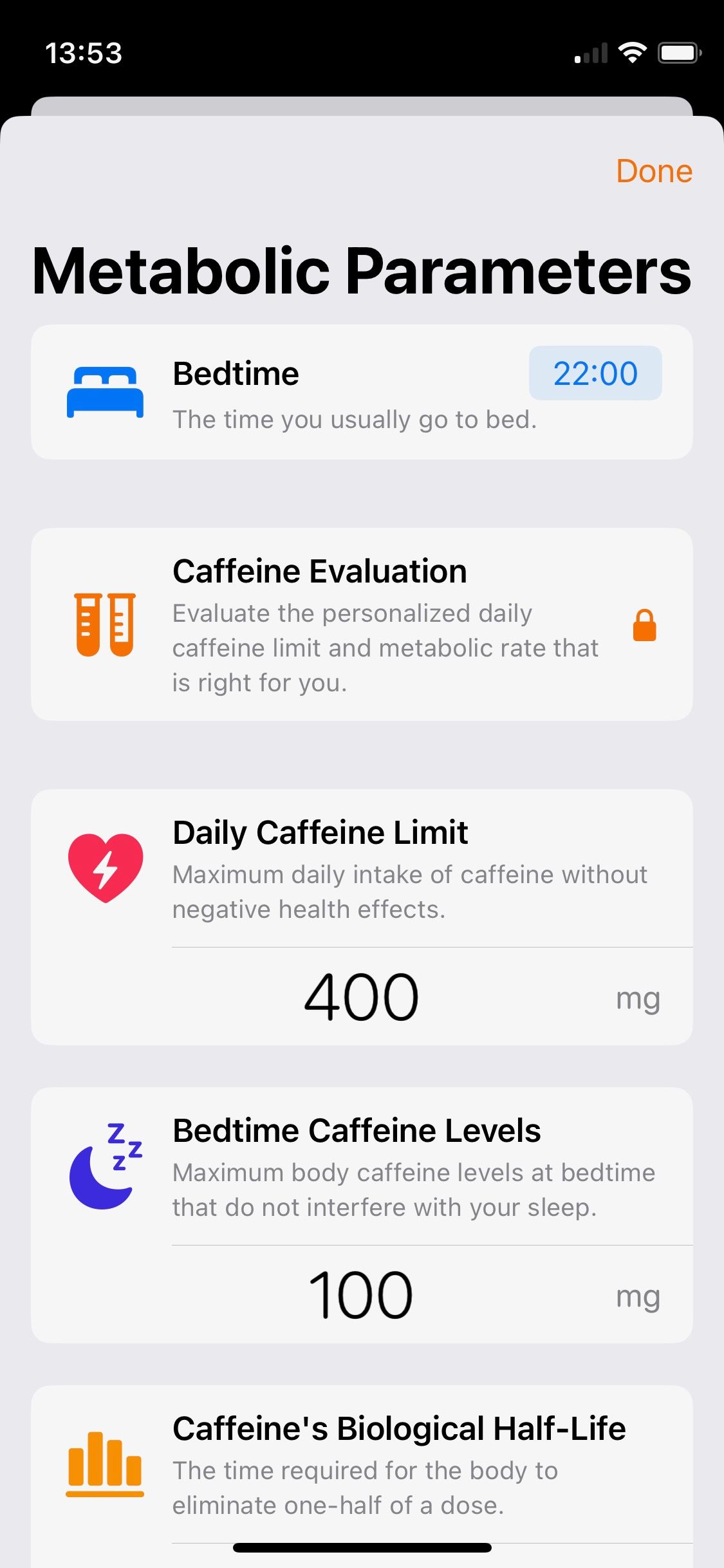 تصویری از کنترل‌های پارامتر متابولیک برنامه HiCoffee
