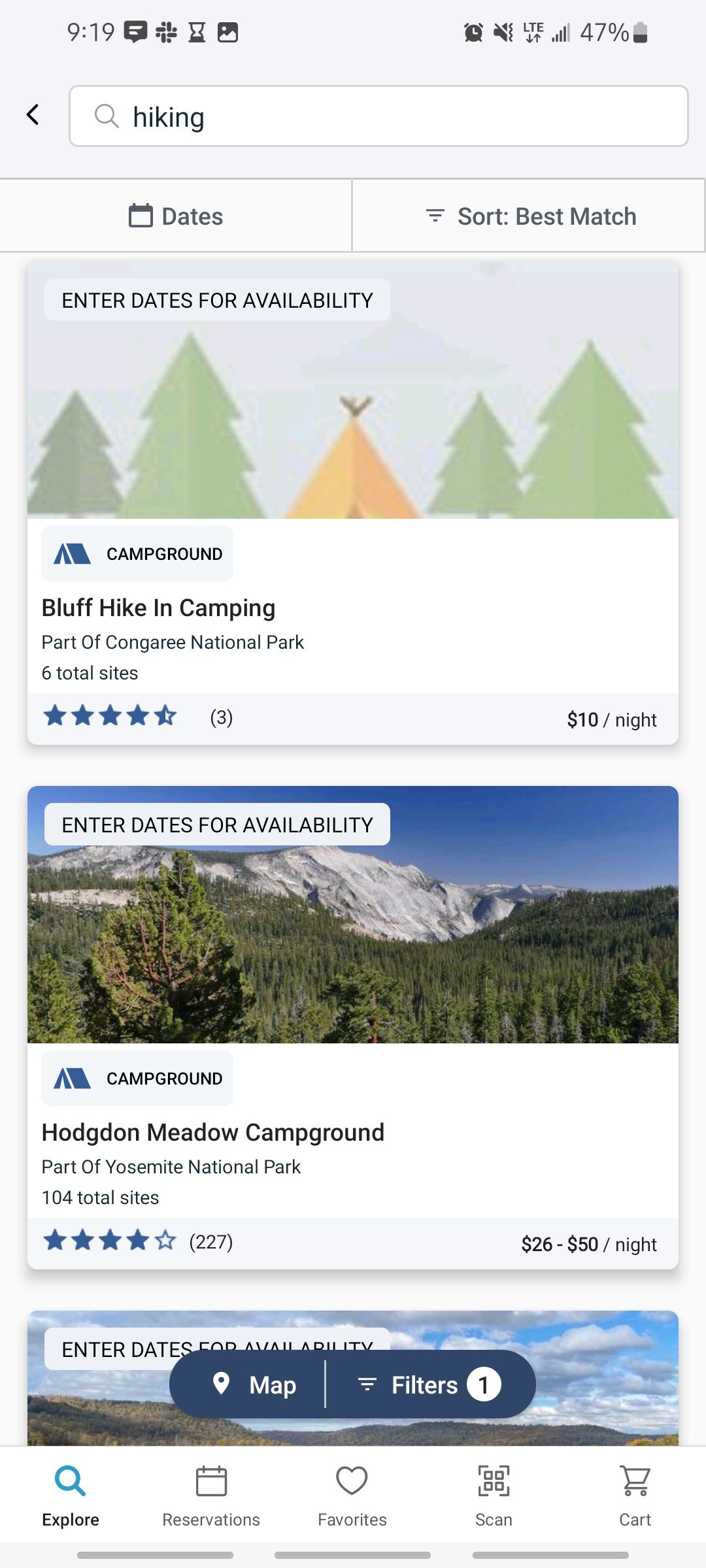 Screenshot of hiking search in the Recreationgov app showing campground options