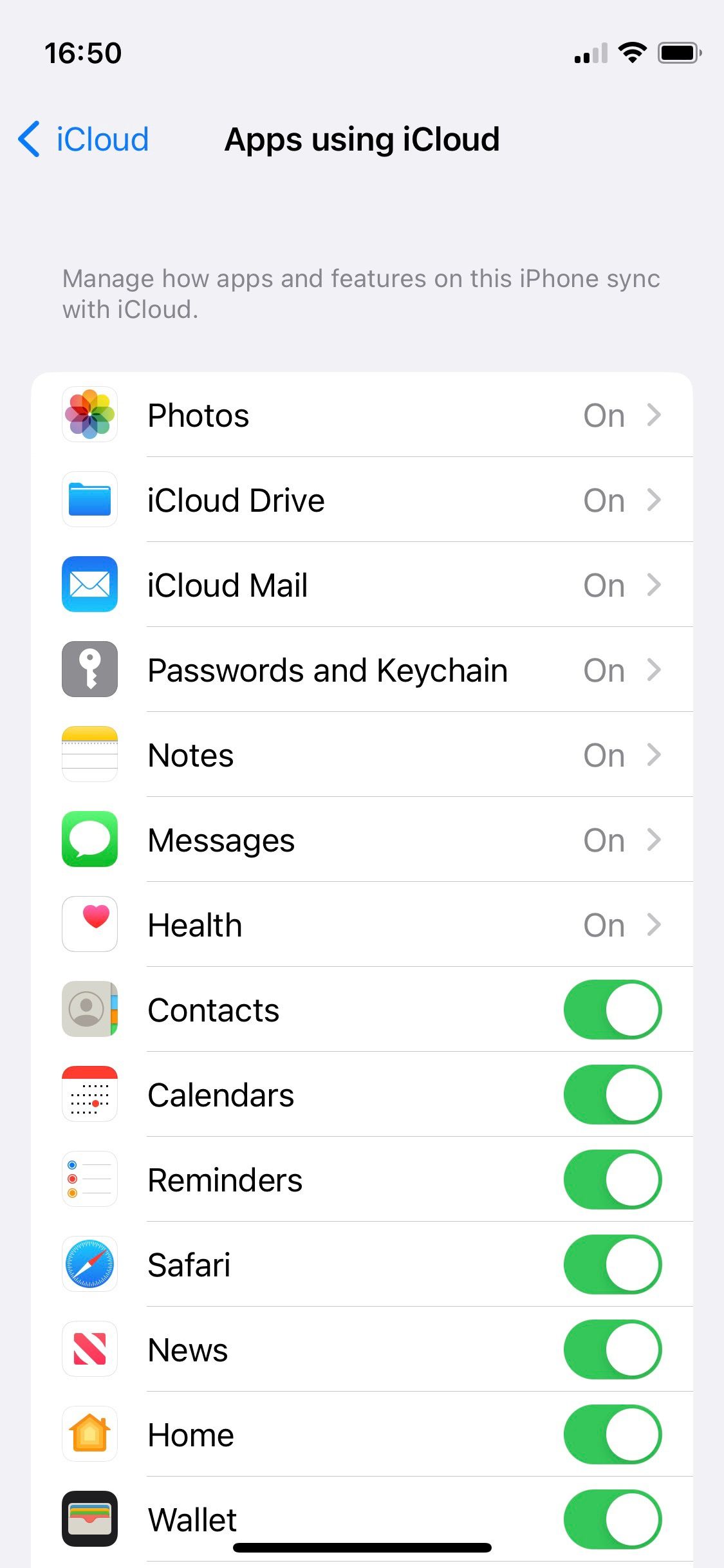 Screenshot of iCloud menu in iOS 16 showing Health feature turned on