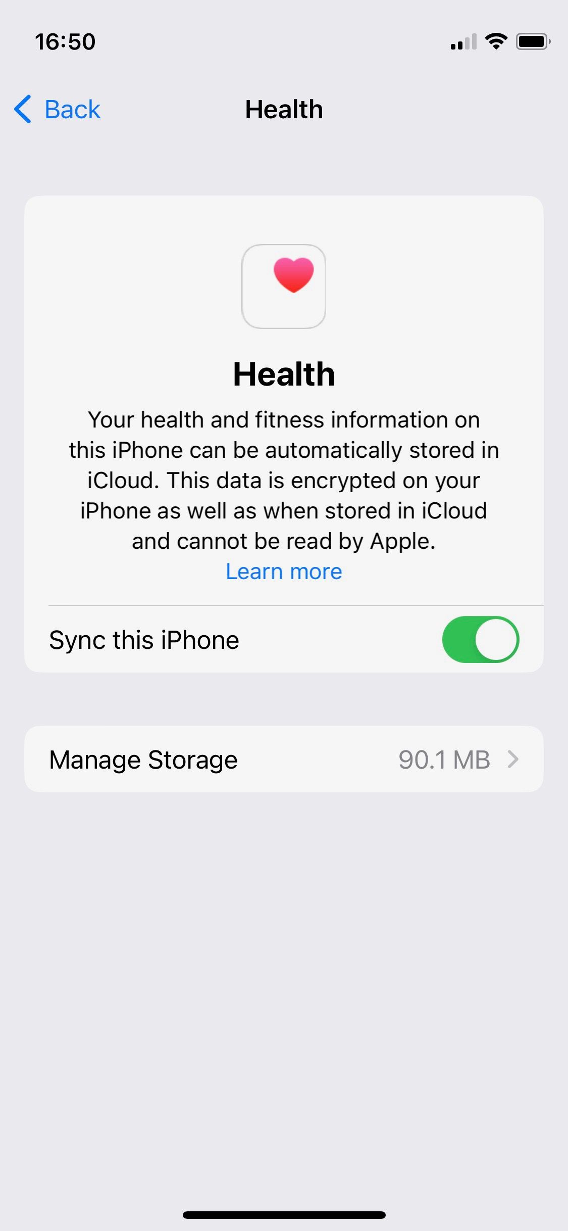 Screenshot of iOS 16 menu showing iCloud Health feature detail