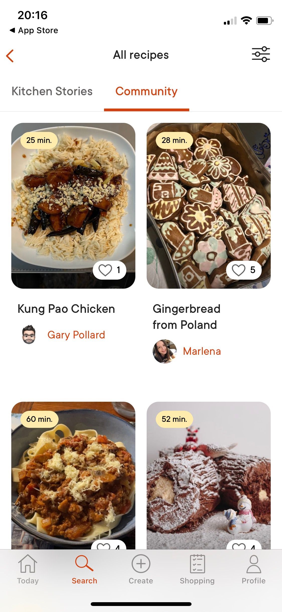 Screenshot of Kitchen Stories app community recipes