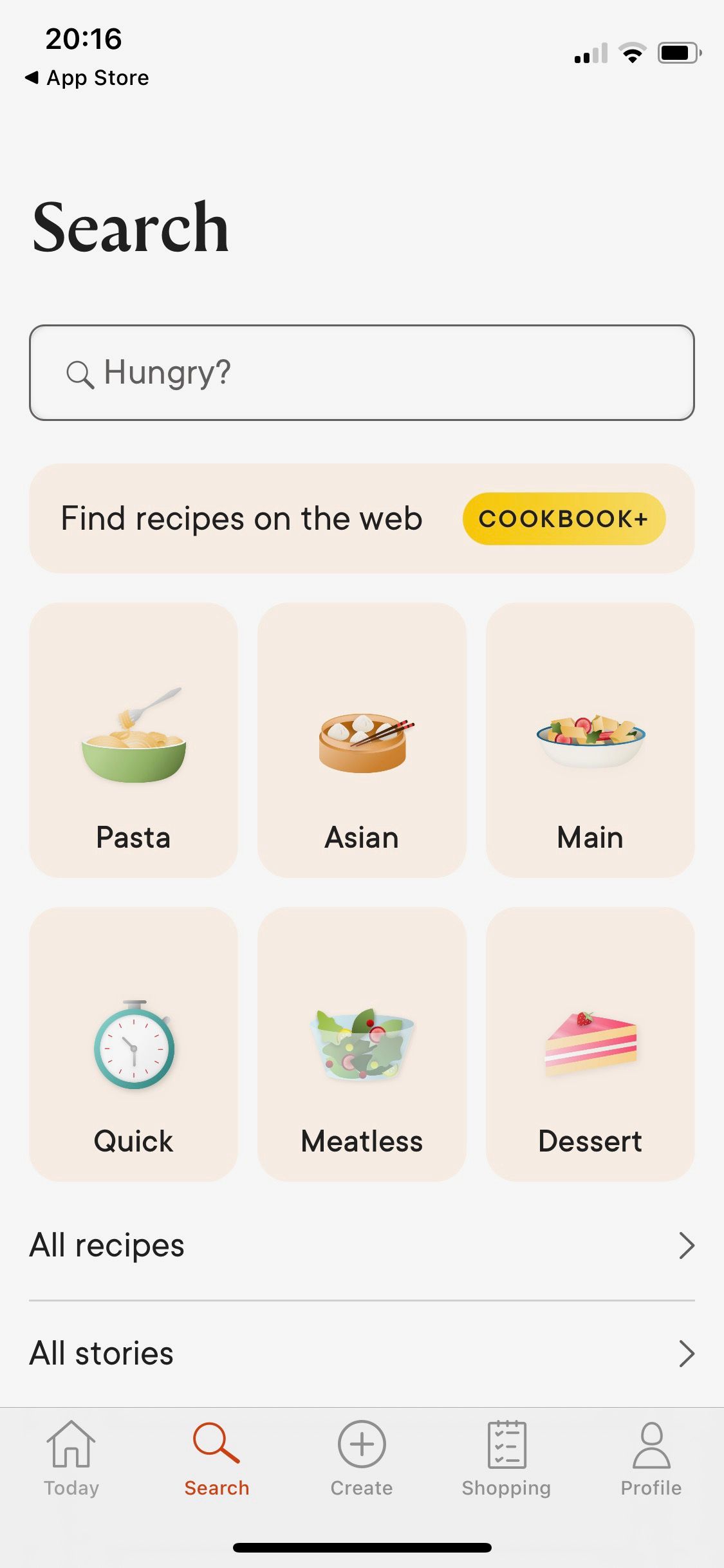 Screenshot of Kitchen Stories app search function