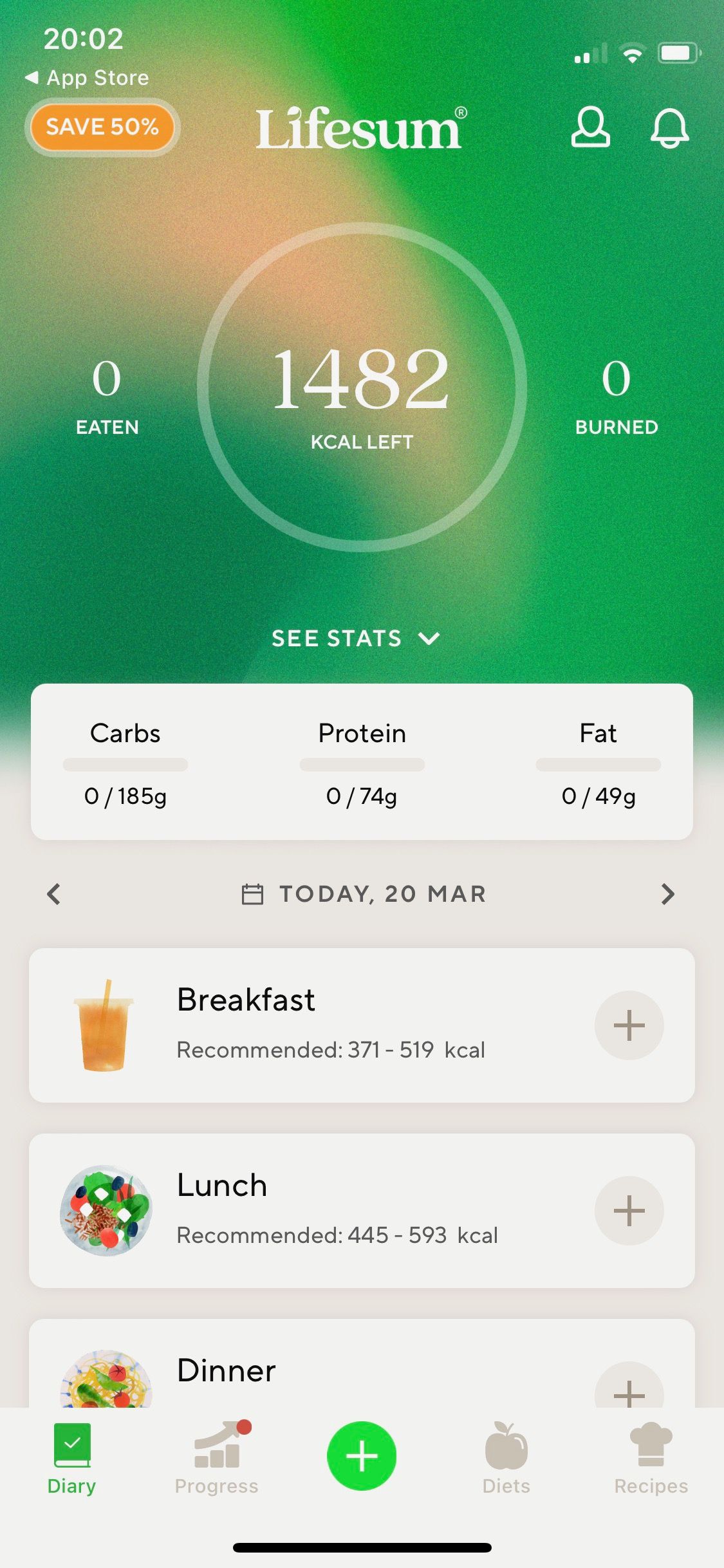 Screenshot of Lifesum app daily recording screen