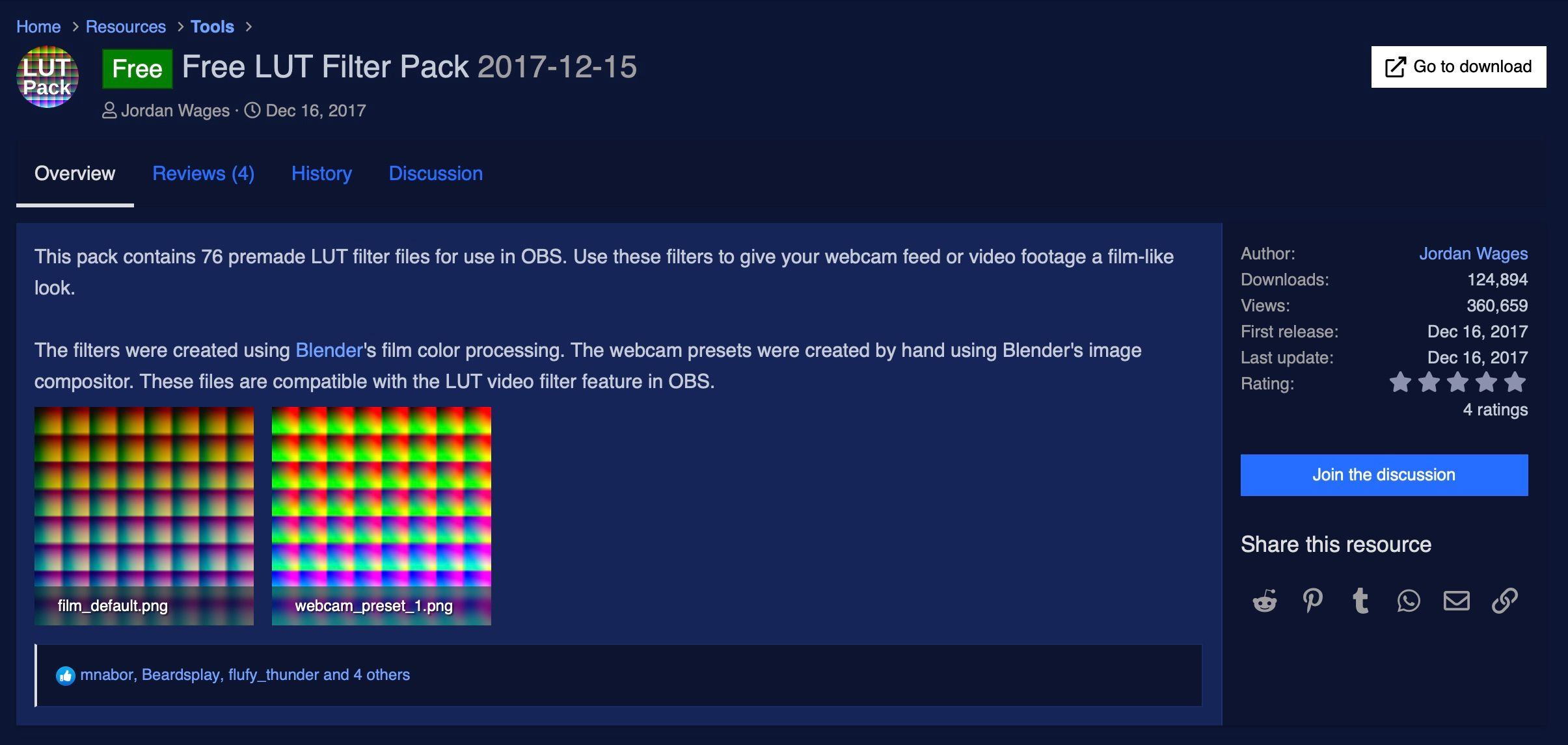 Screenshot of LUT download page