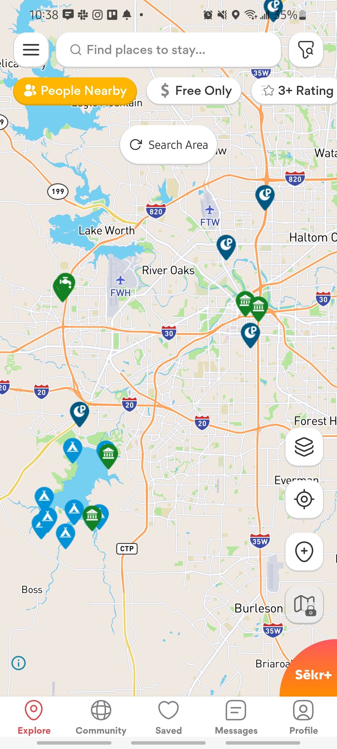 Screenshot of map on the Explore tab in the Sēkr app