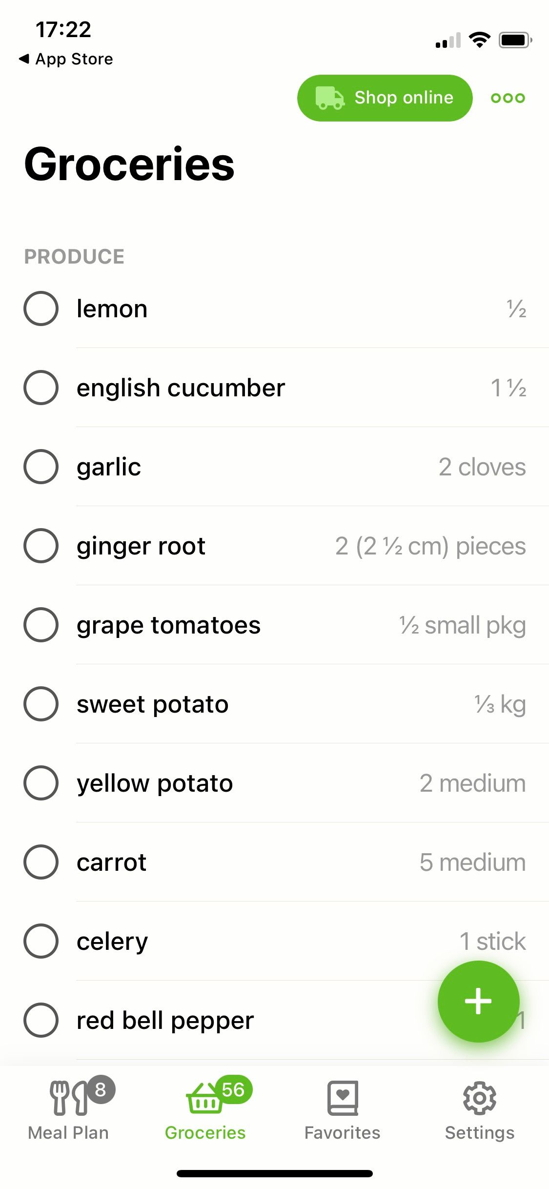Screenshot of Mealime app grocery list