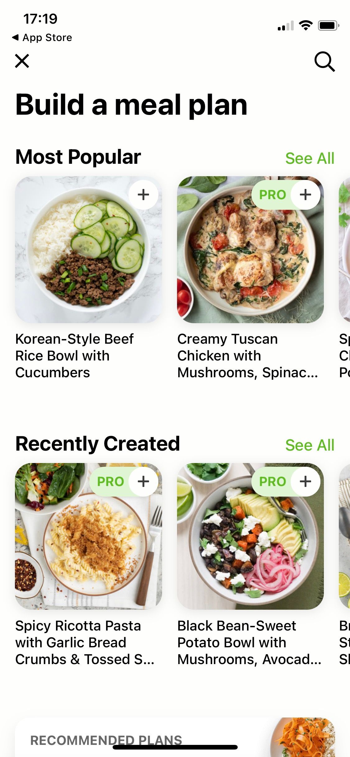 Screenshot of Mealime app meal plan builder