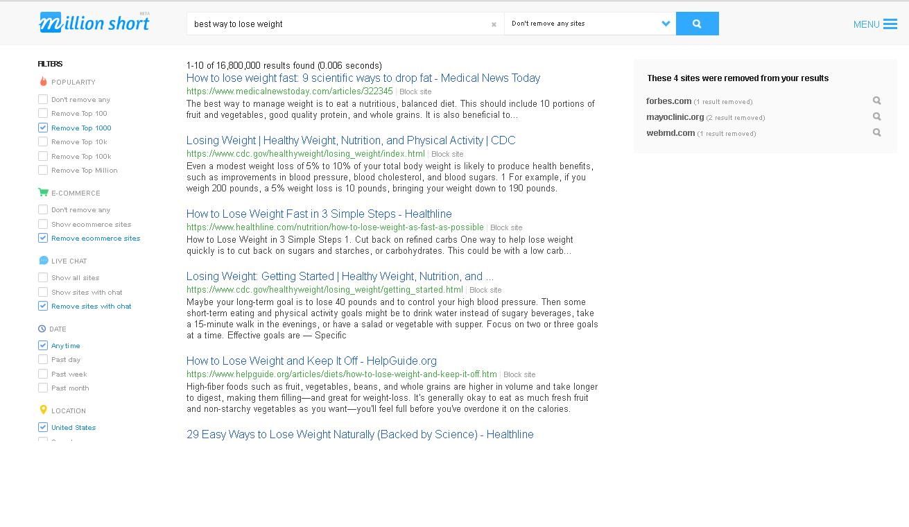 Screenshot of millionshort search results for comparison