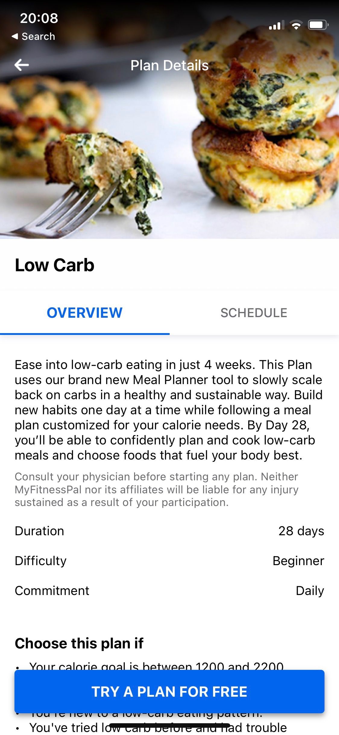 Screenshot of My Fitness Pal app sample meal plan