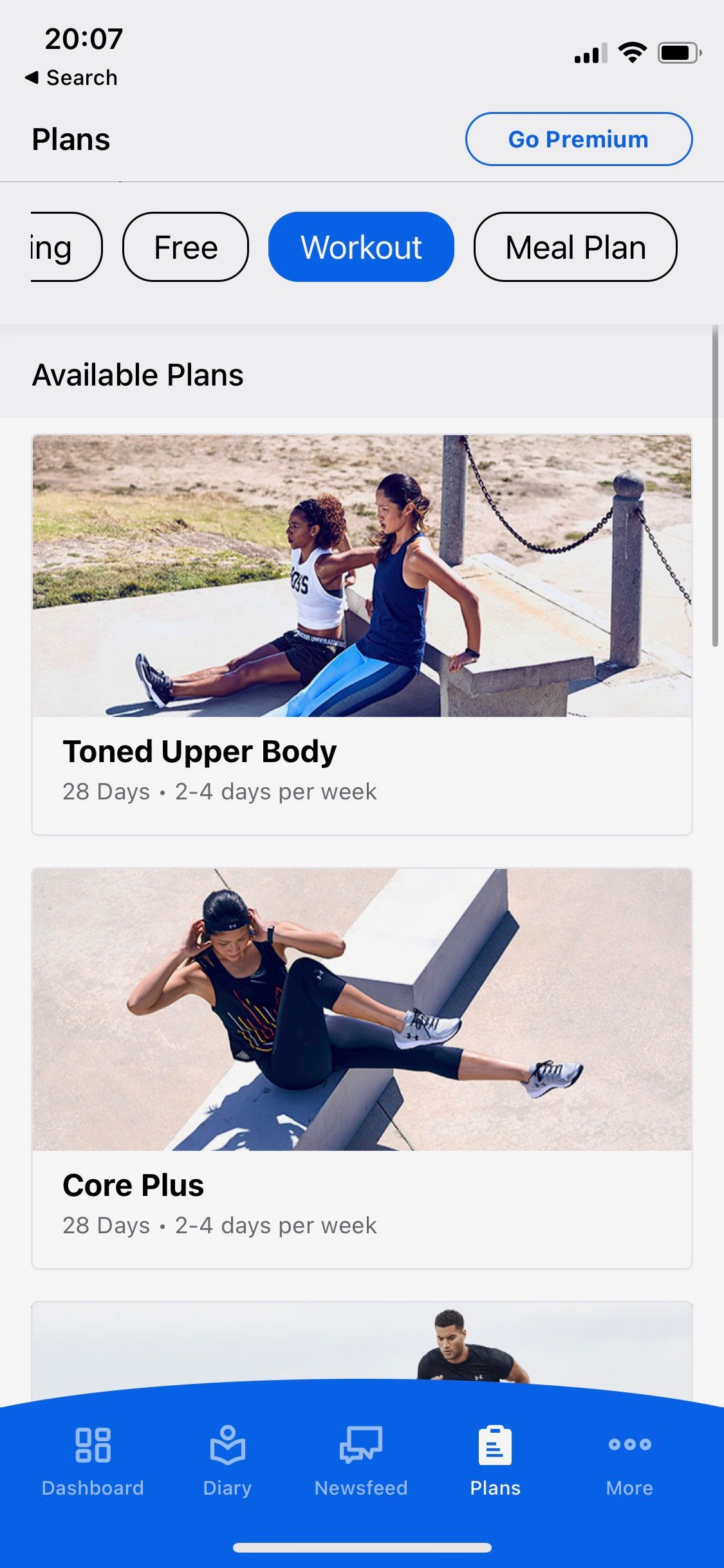 Screenshot of My Fitness Pal app workout plans