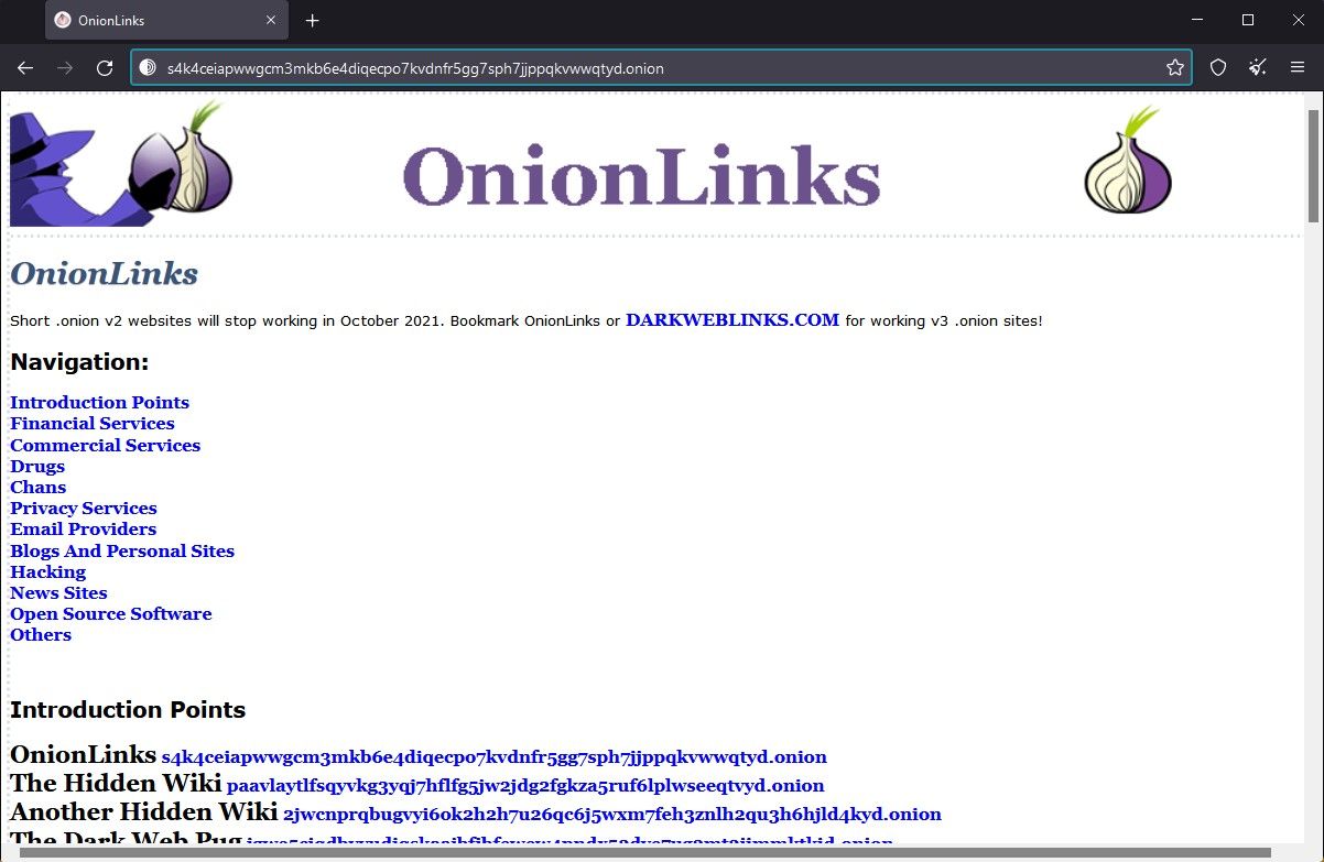 Screenshot of OnionLinks