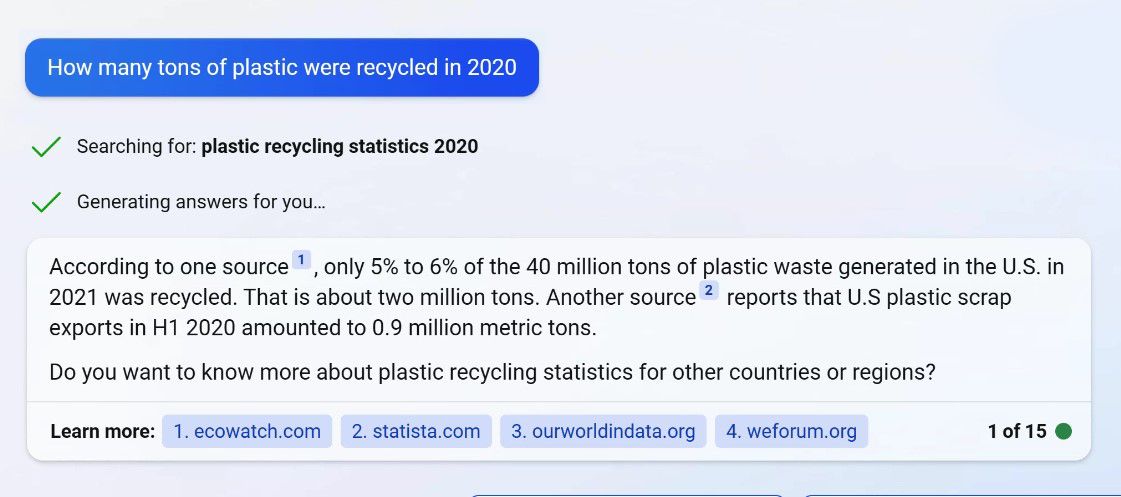 Capture d'écran des statistiques de recyclage du plastique de Bing Chat