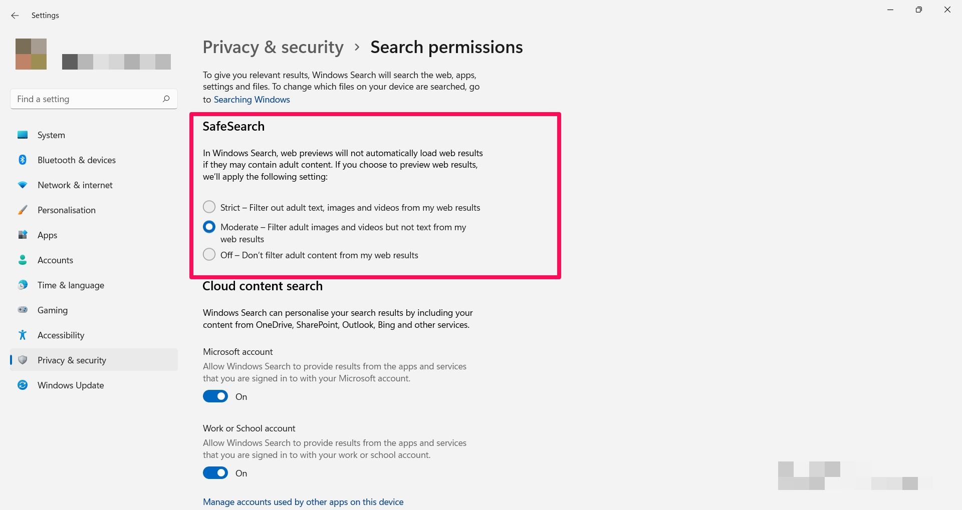 Screenshot of safesearch settings page on windows11