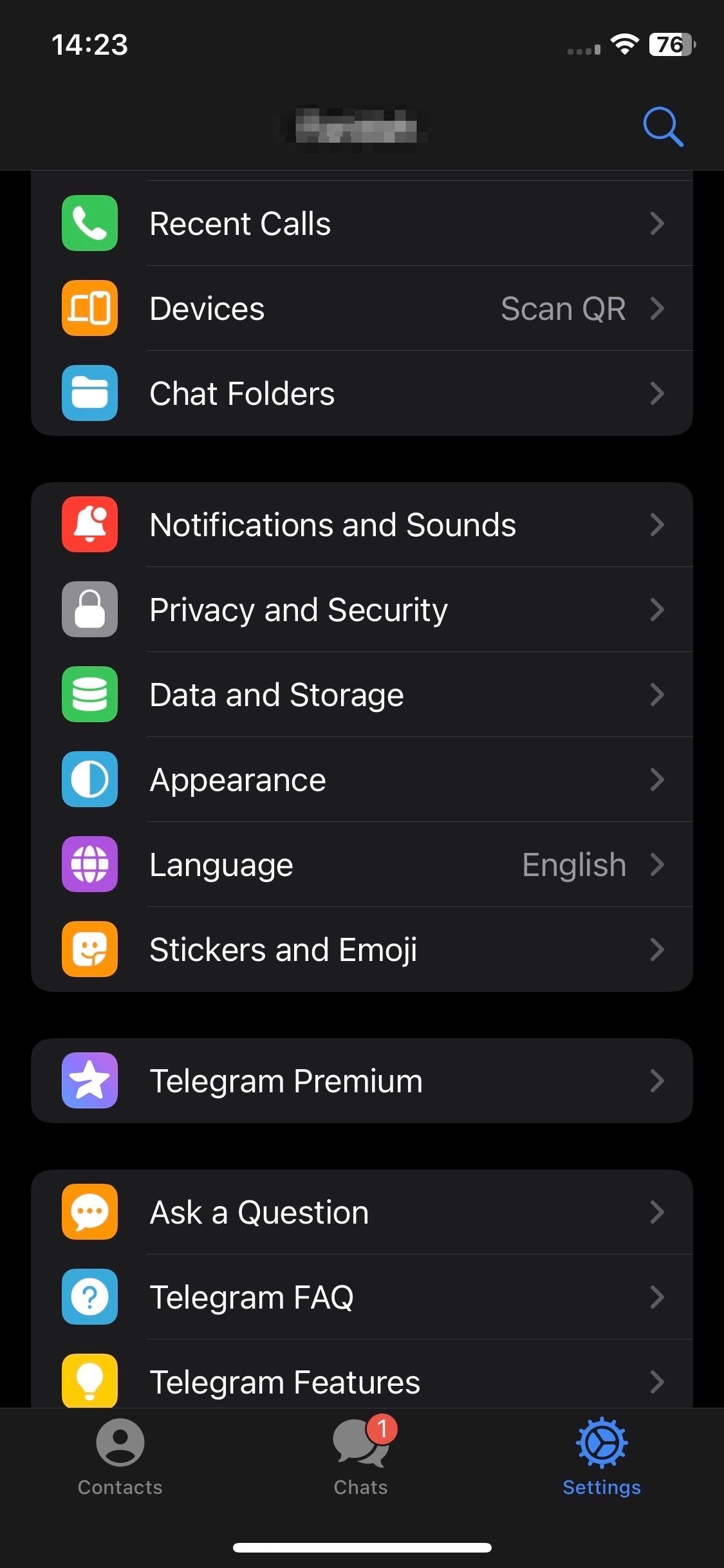 Screenshot of settings in Telegram for iOS
