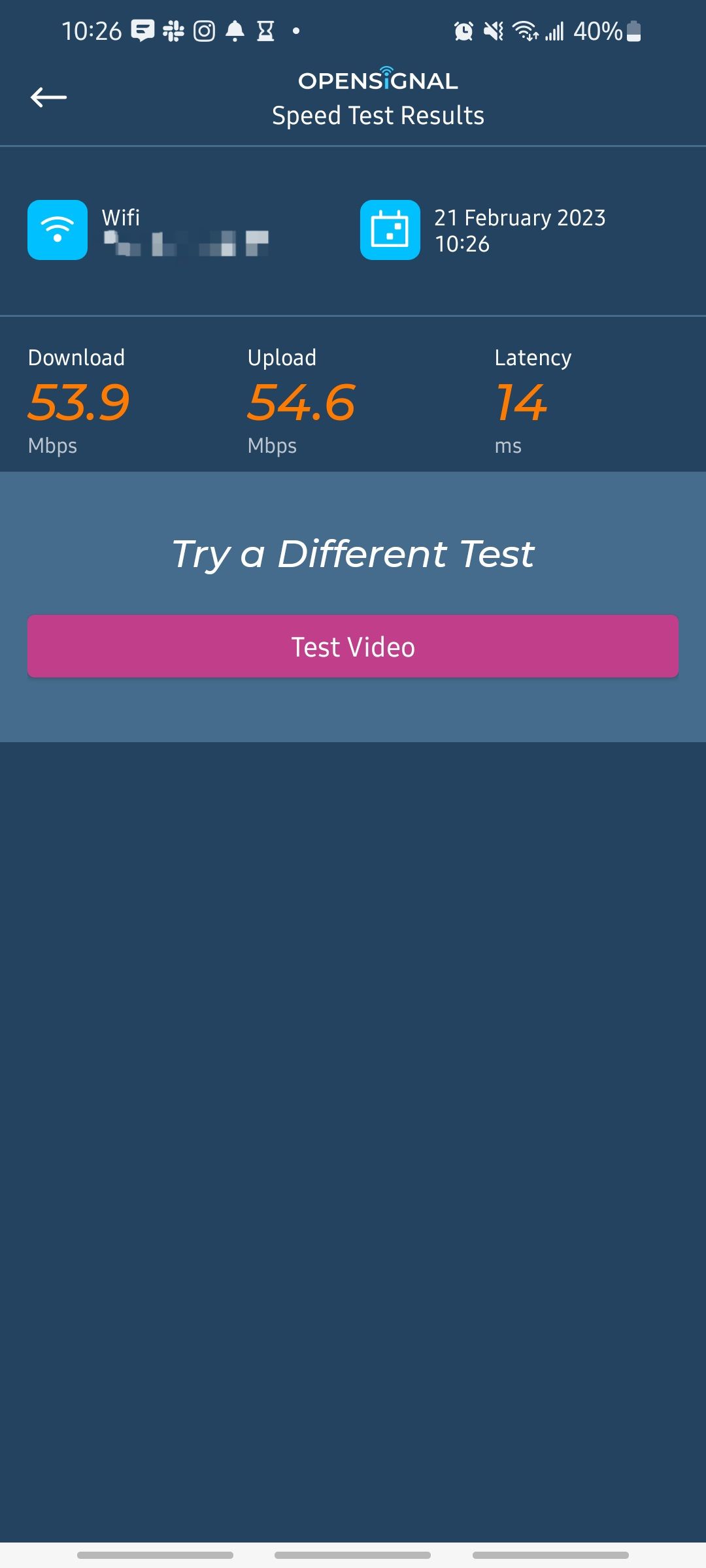 Screenshot of Video Test Results in the Opensignal app