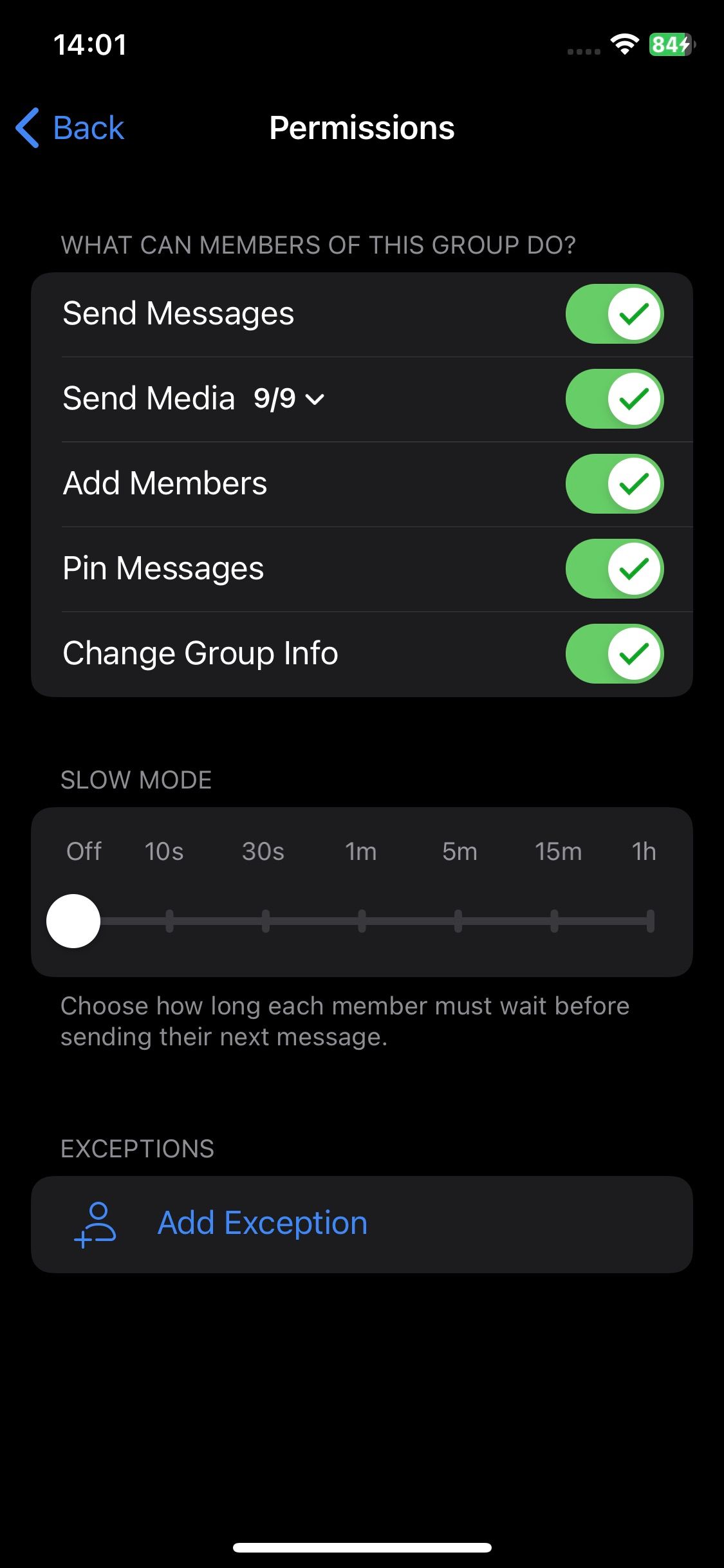 Screenshot of Telegram group permissions