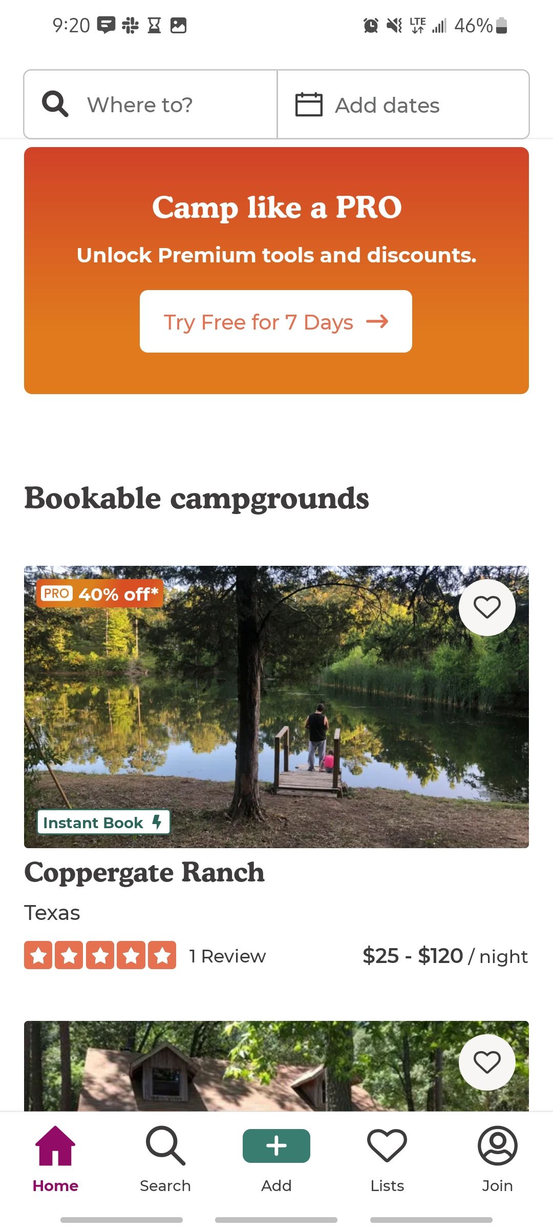 Screenshot of the Dyrt app showing bookable campgrounds