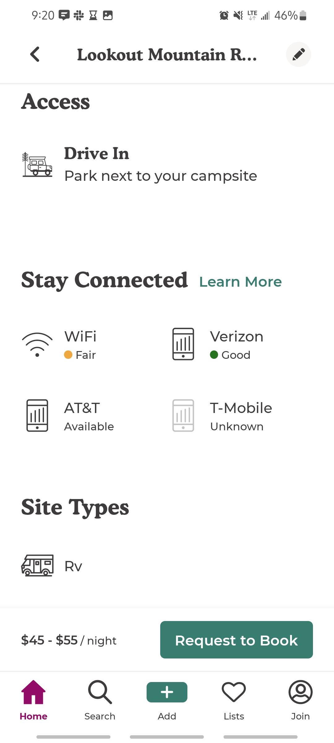 Screenshot of the features of an RV park in the The Dyrt app