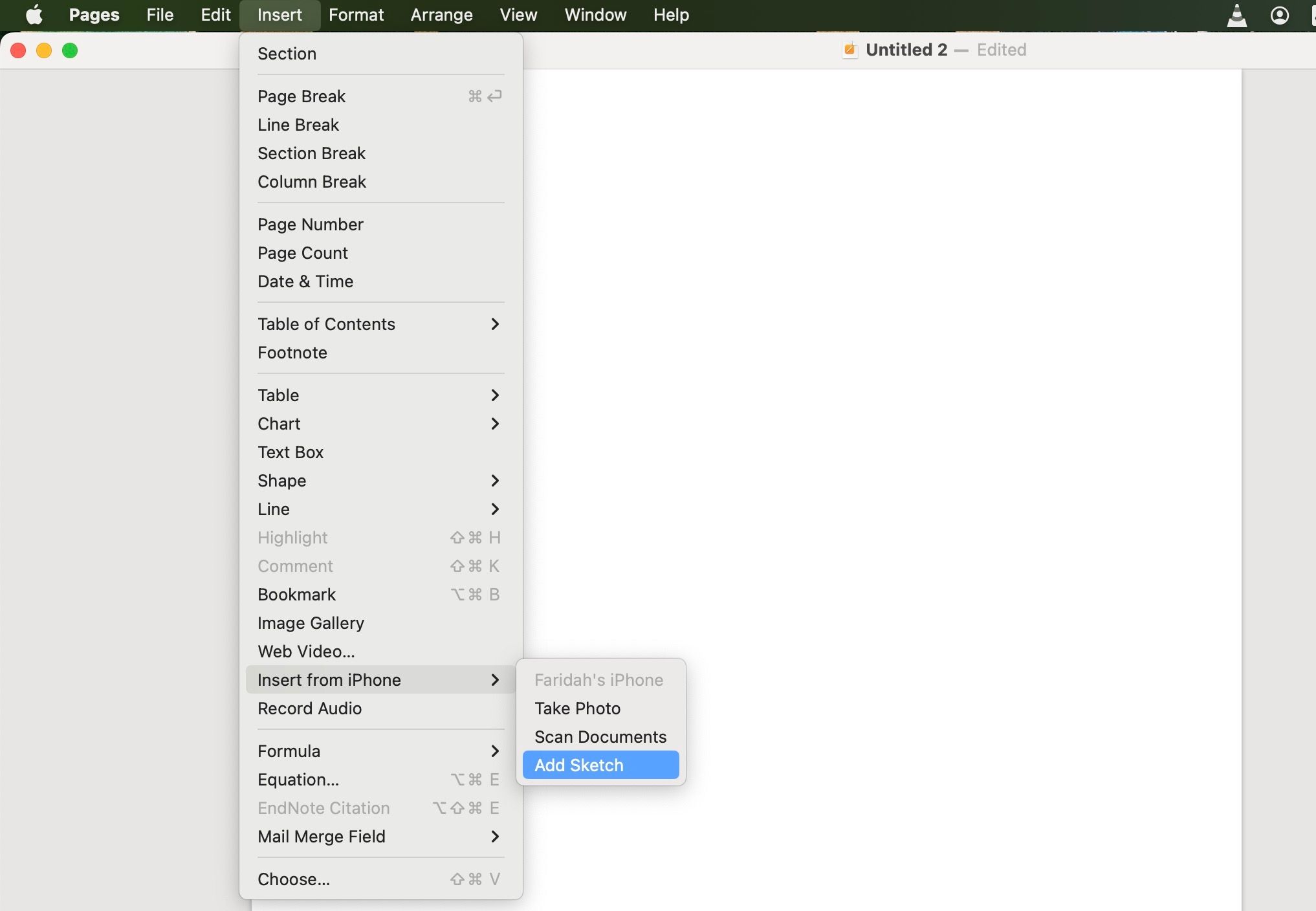 Cuplikan layar menu Sisipkan di Apple Pages