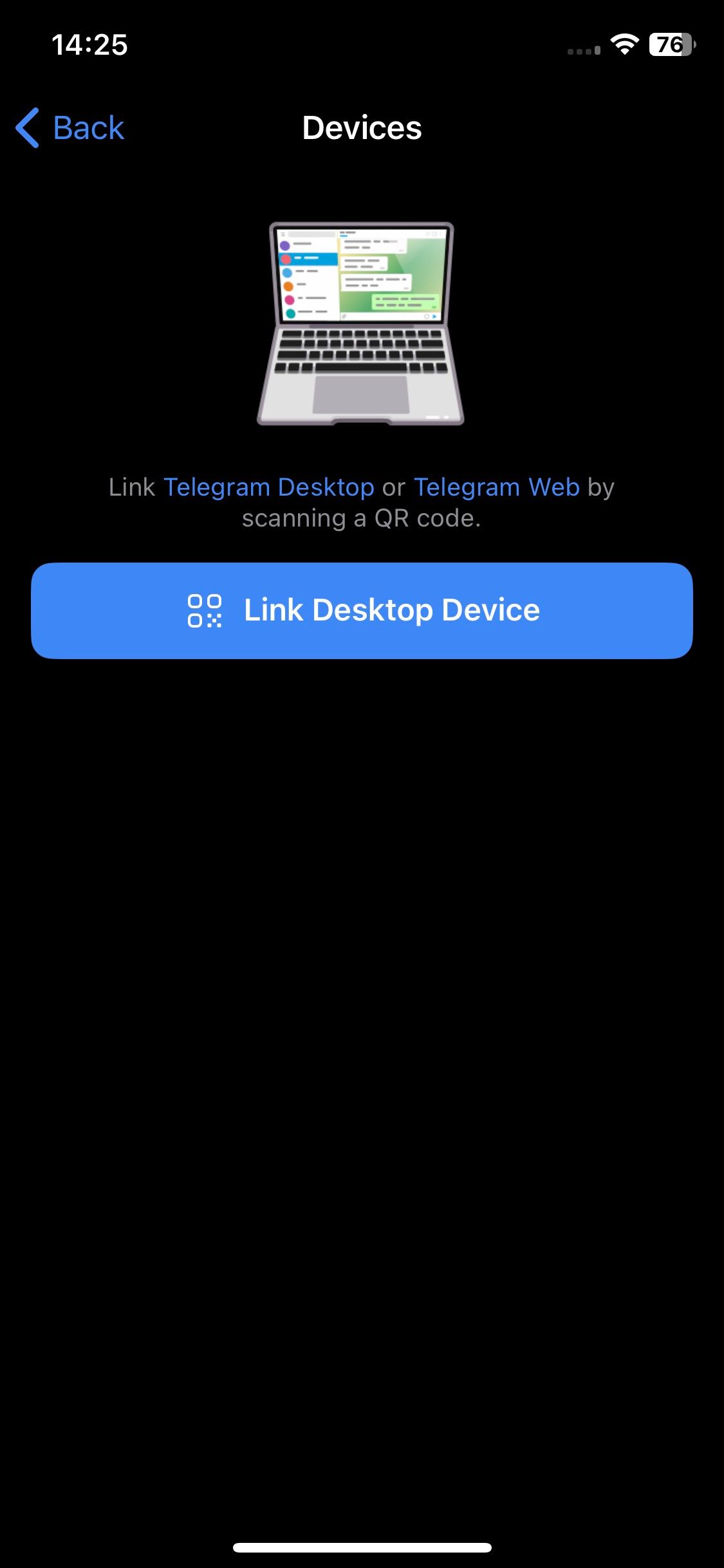 Screenshot of the link to desktop device feature in Telegram for iOS