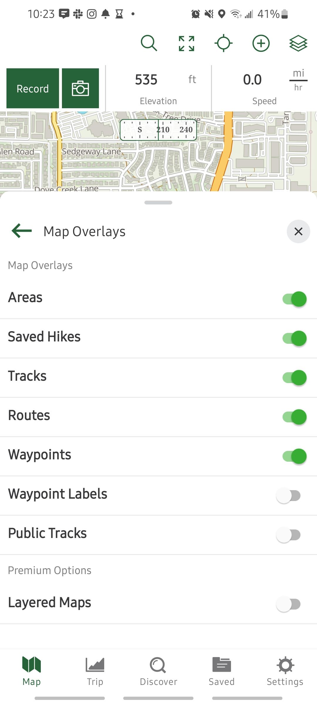 Screenshot of the Map Overlay options in the Gaia GPS app