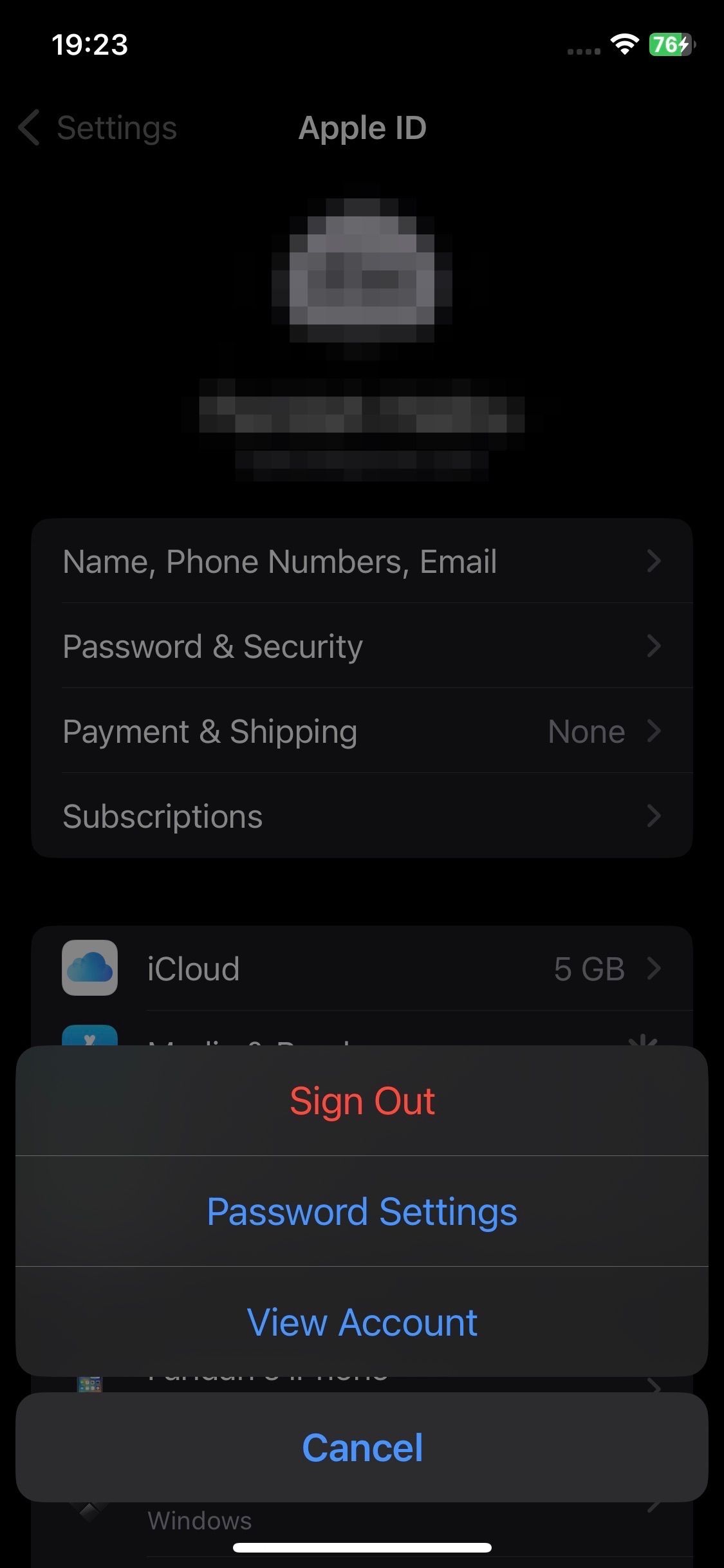 Screenshot of the Media _ Purchases popup menu in iPhone Settings