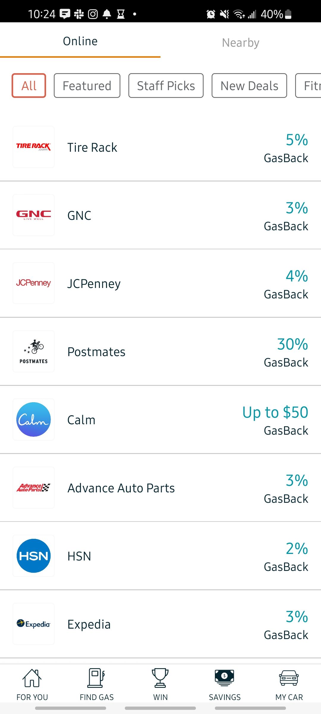 Screenshot of the Savings tab in GasBuddy app