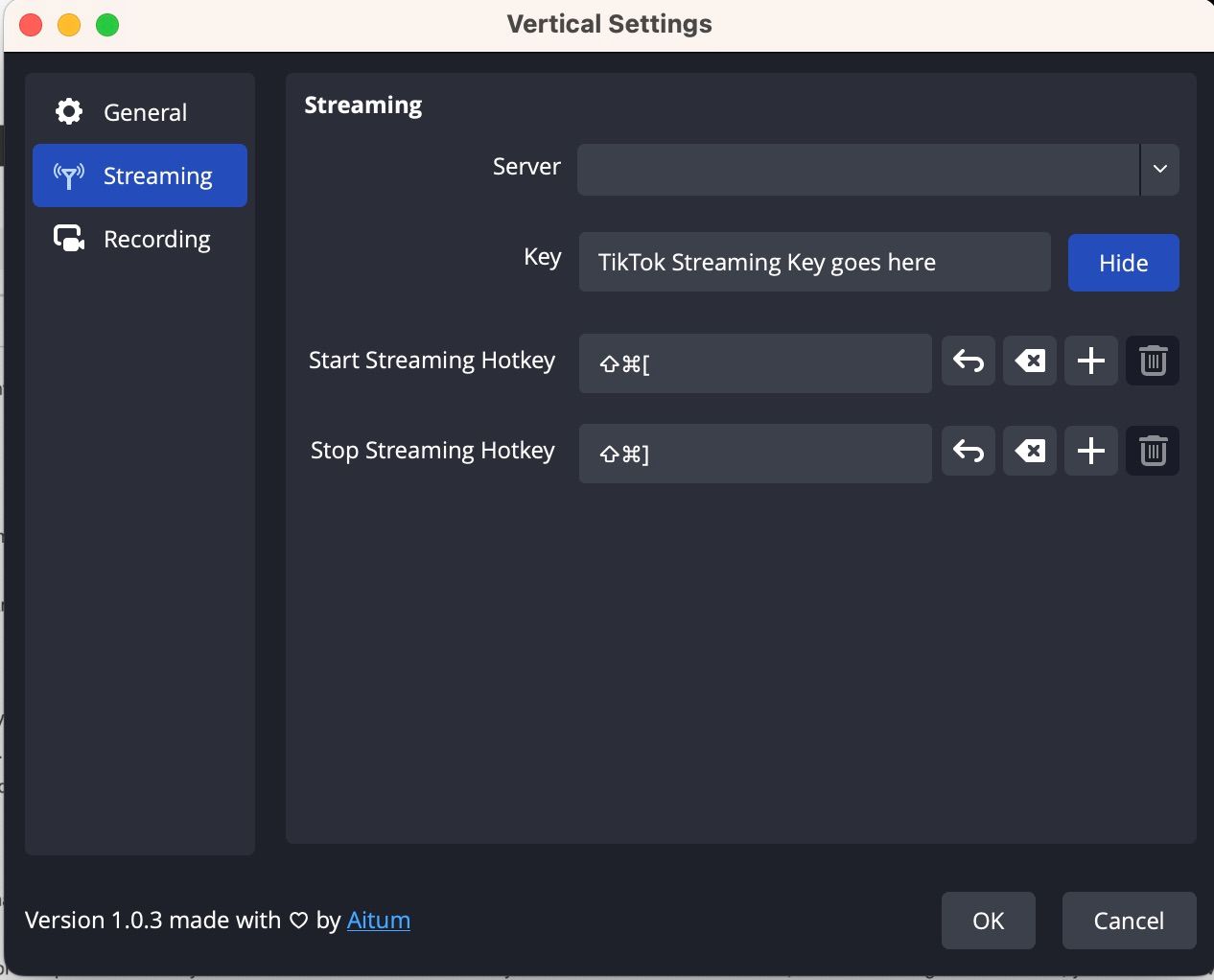 Screenshot of the streaming tab in the vertical plugin settings on OBS