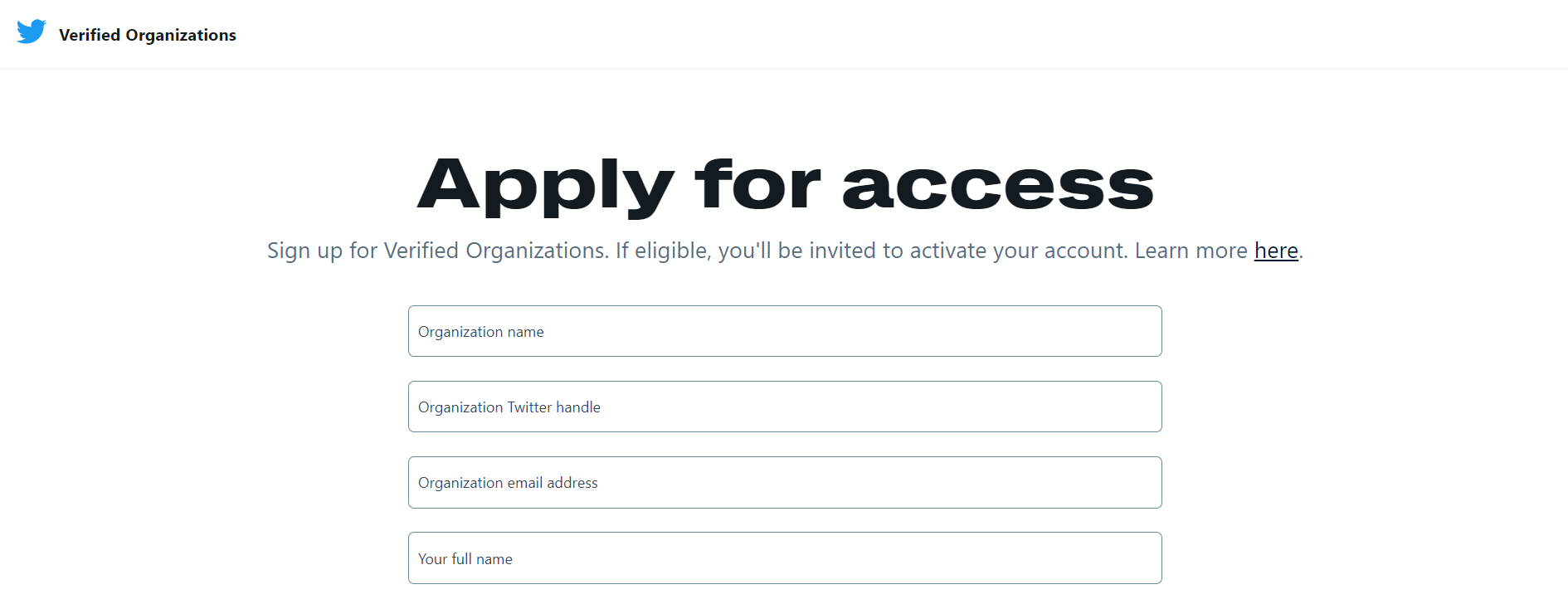 screenshot of Twitter verified organizations application page