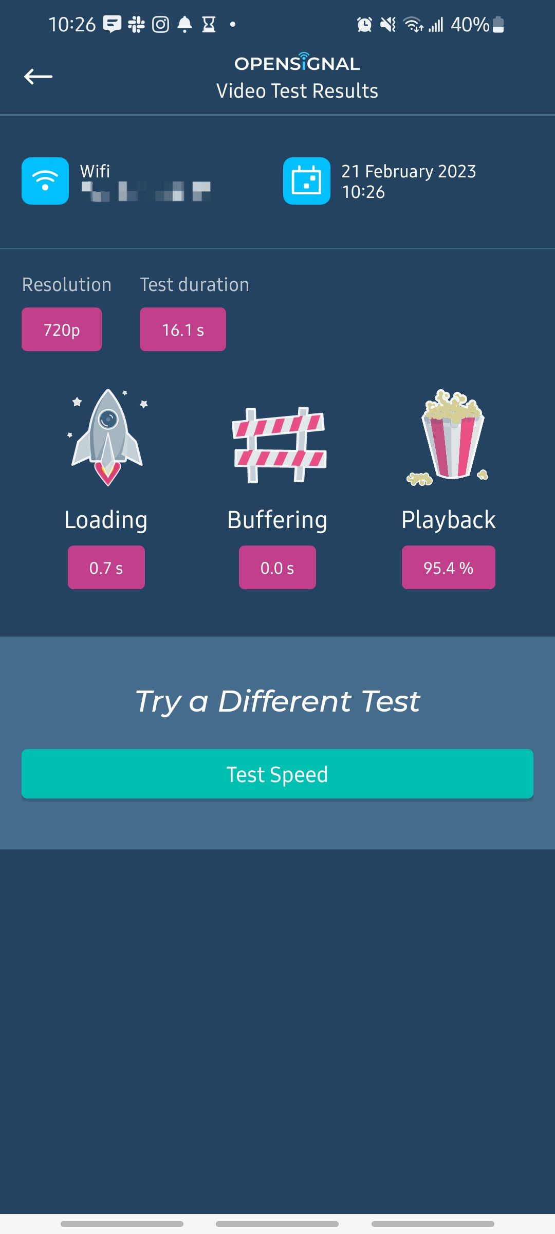 Screenshot of Speed Test Results in the Opensignal app