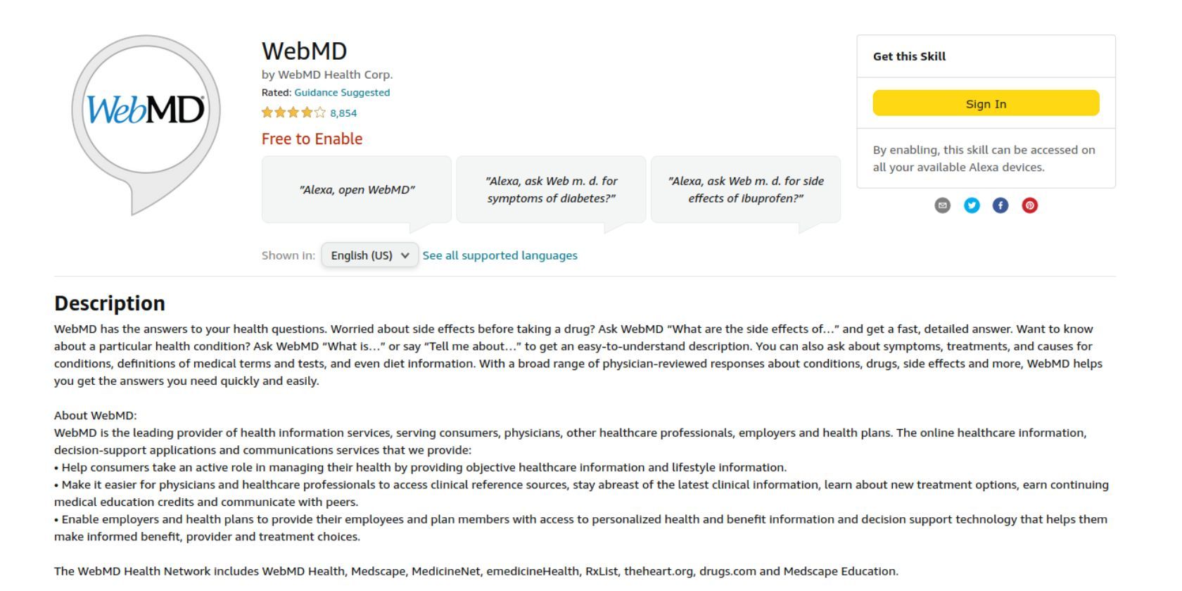 Screenshot of WebMD Alexa skill webpage