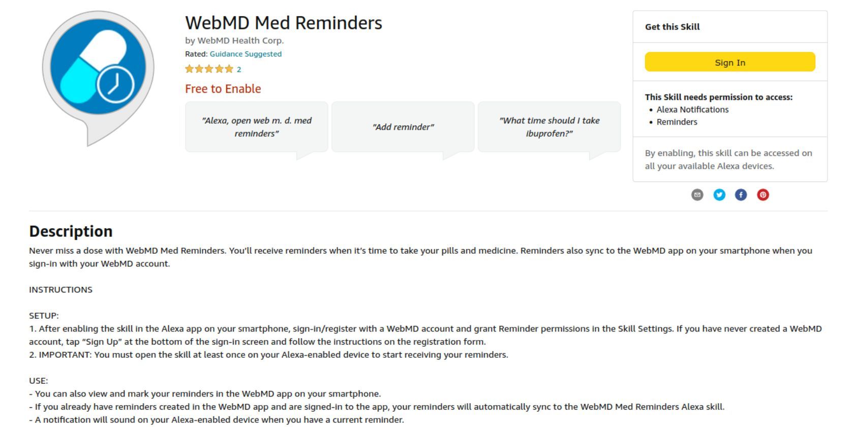 Screenshot of WebMD Med Reminders Alexa skill webpage