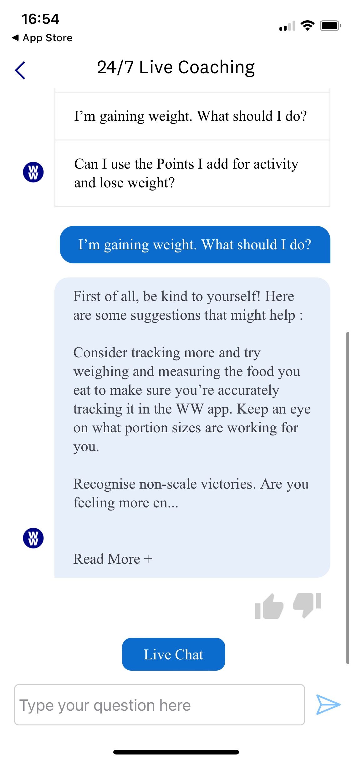 Screenshot of WeightWatchers app 247 live coaching