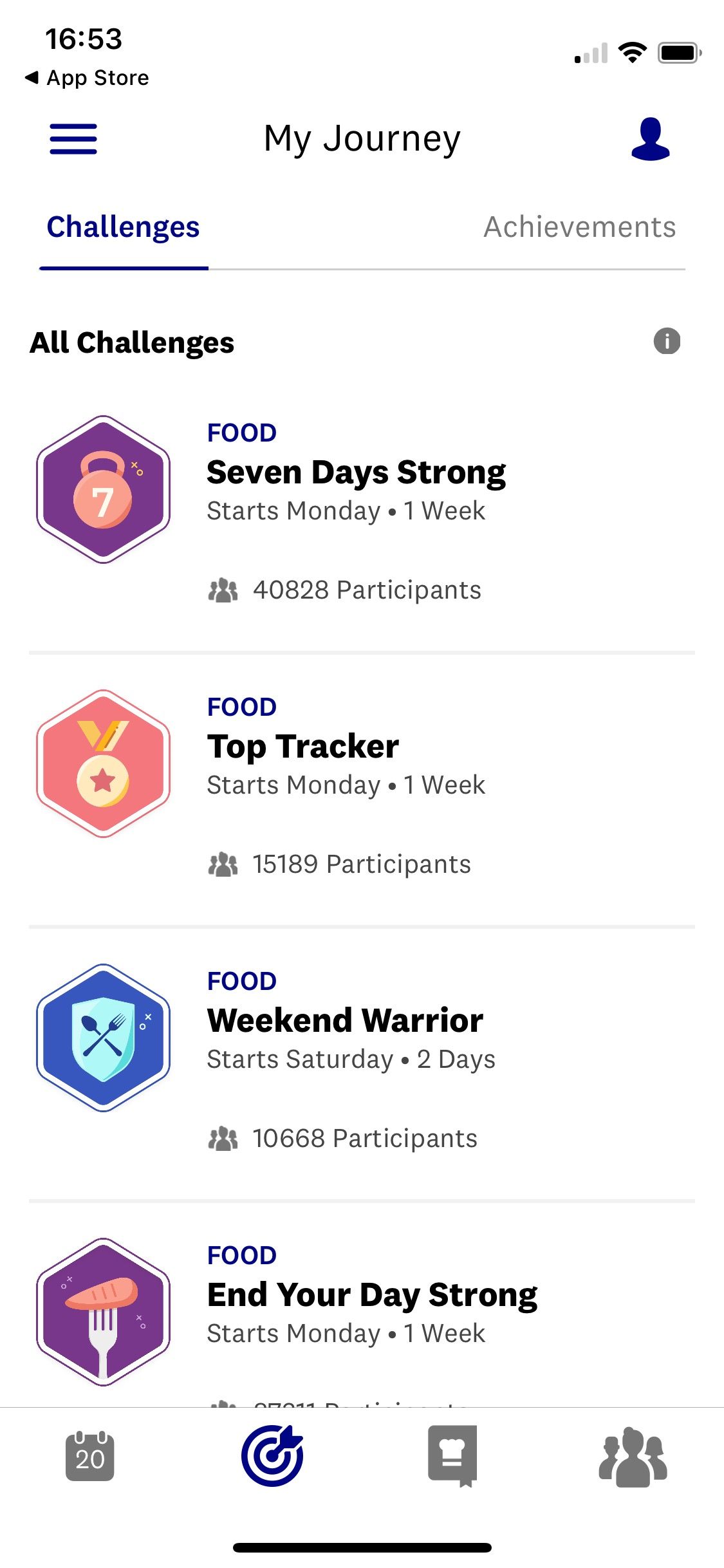 Screenshot of WeightWatchers app Challenges screen