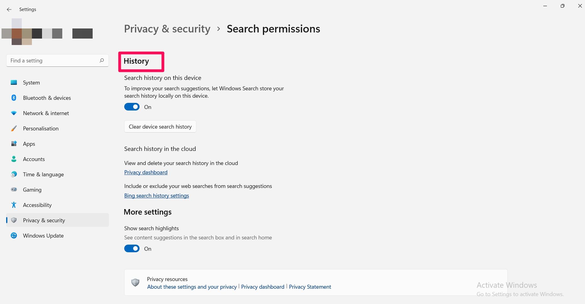 Screenshot of windows 11 Privacy & Security page (2)