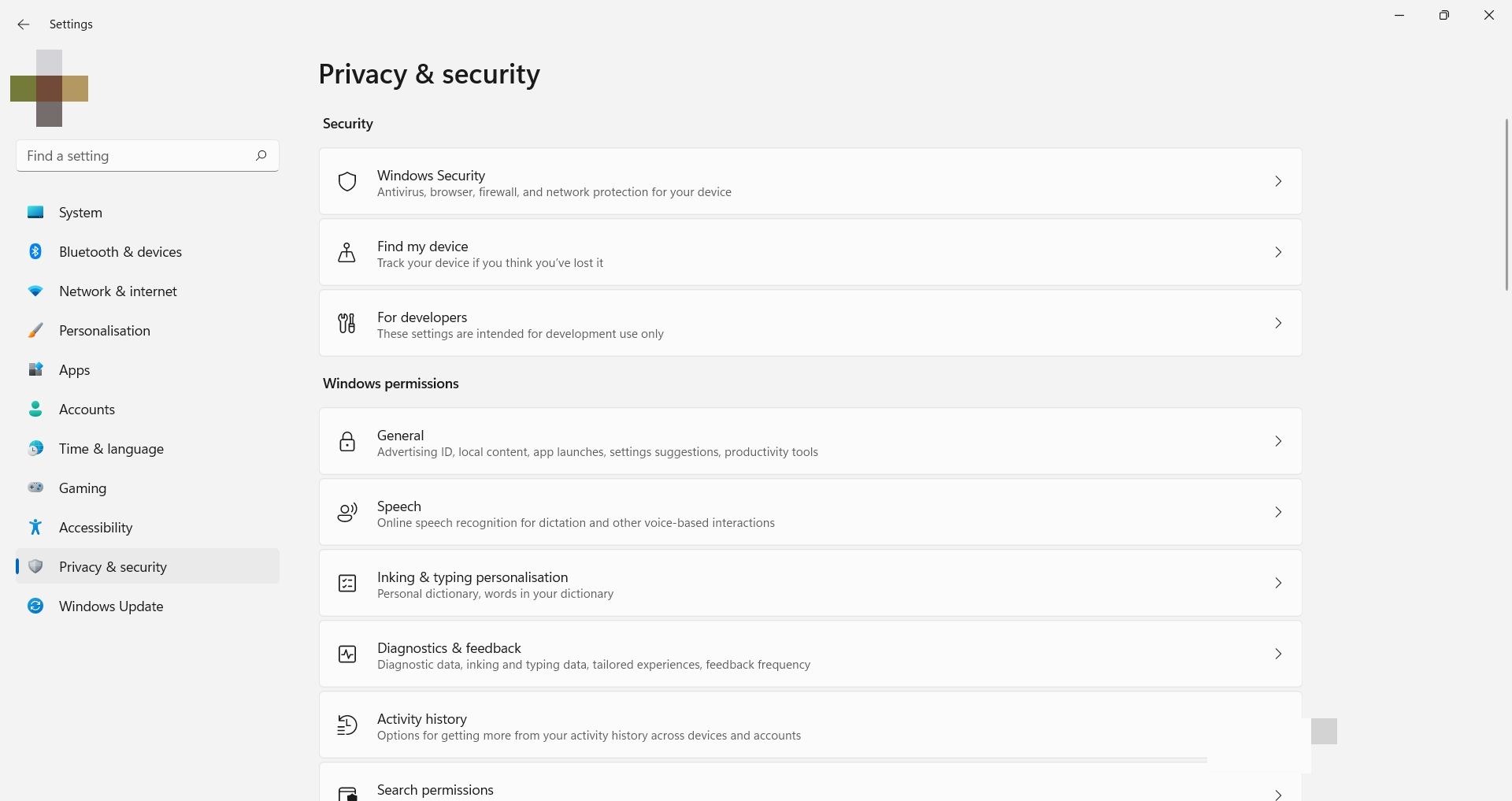 Screenshot of windows 11 Privacy & Security page