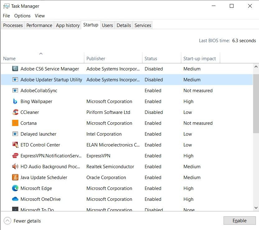 Screenshot of Windows Startup Tab