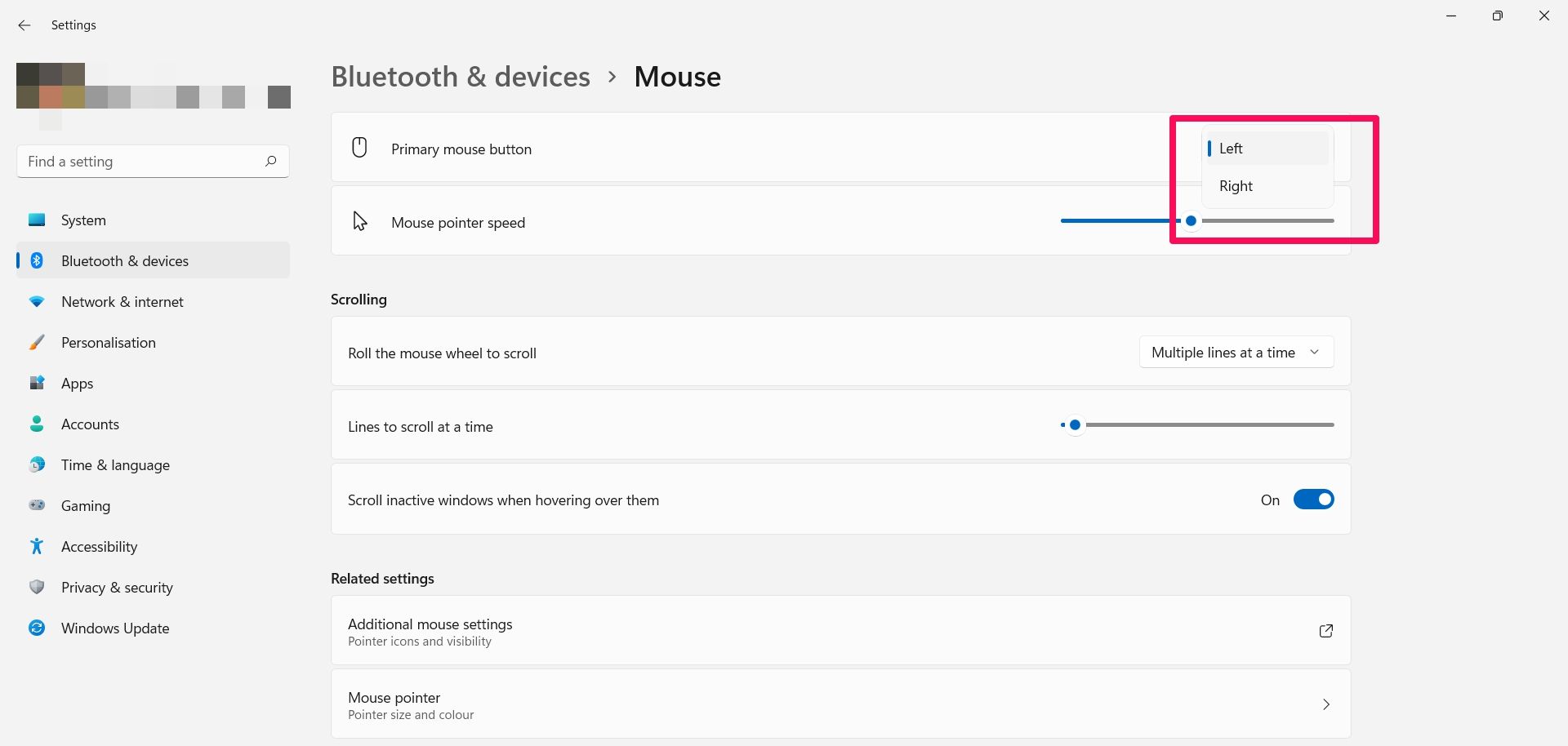 Screenshot of primary mouse button settings page windows 11