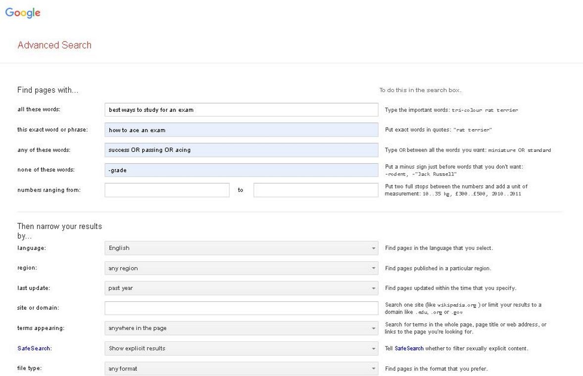 Screenshot showing Advanced Search form