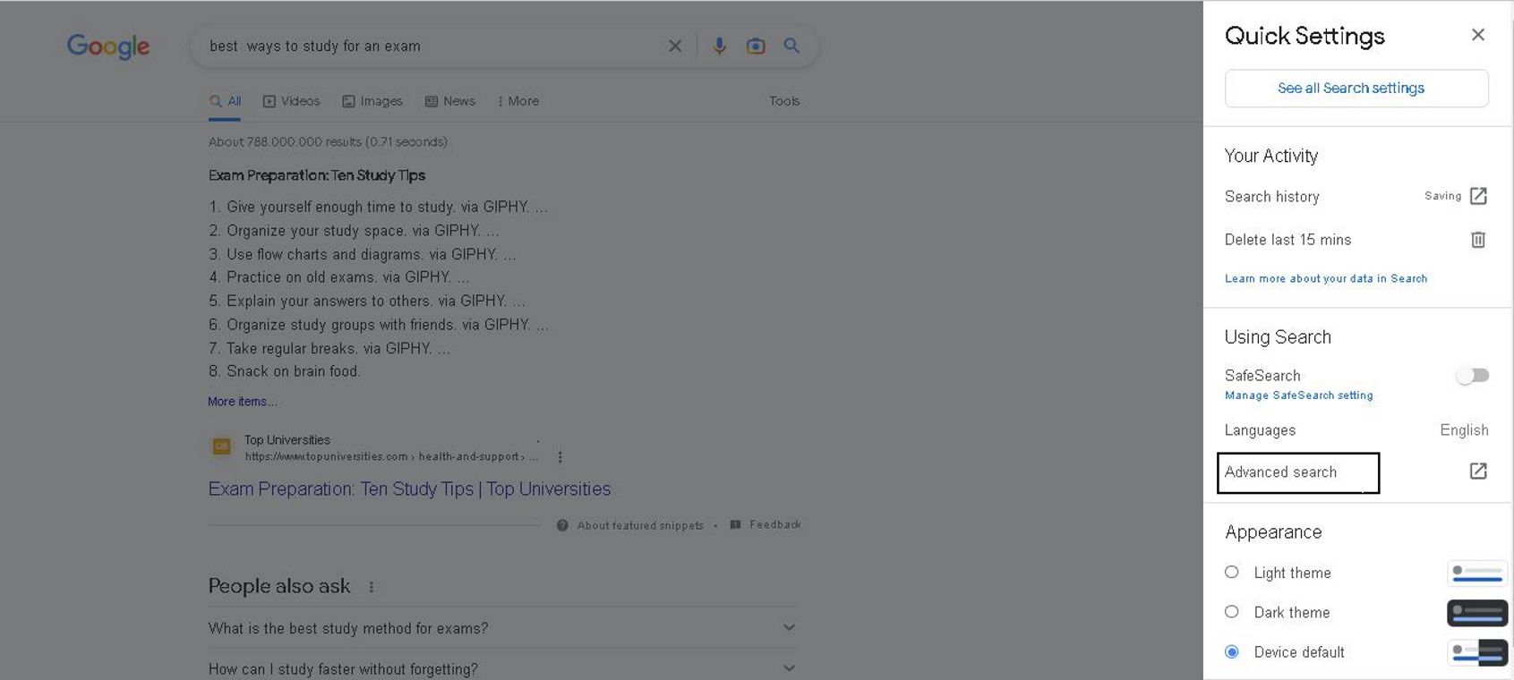 Screenshot showing drop down menu for advanced search