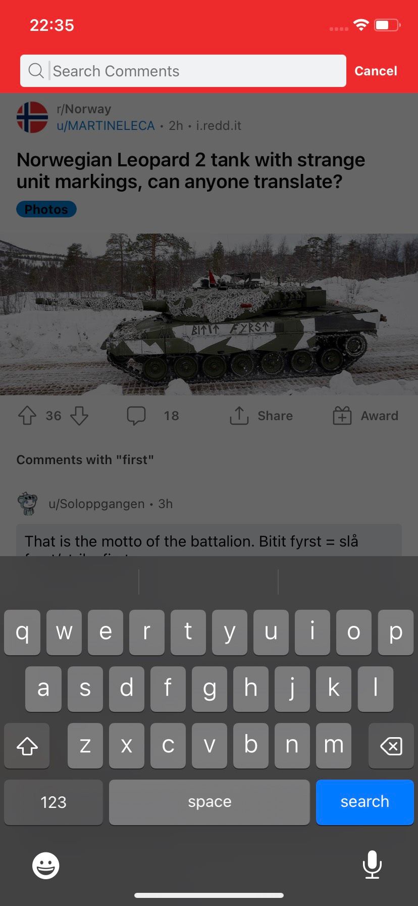screenshot showing post comment search open
