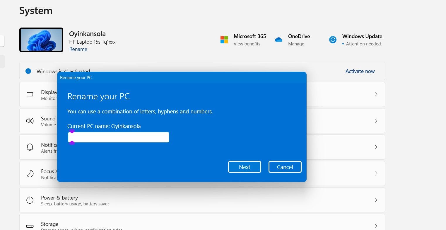 Screenshot showing the Rename your PC field in Windows 11