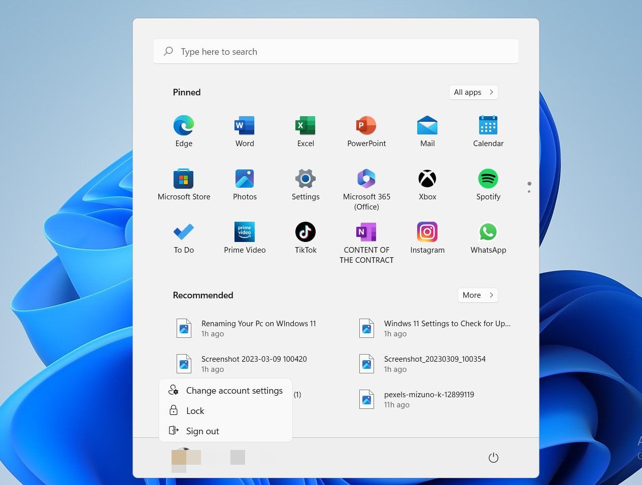 Captura de tela mostrando o menu de configurações de conta do Windows 11 no menu Iniciar