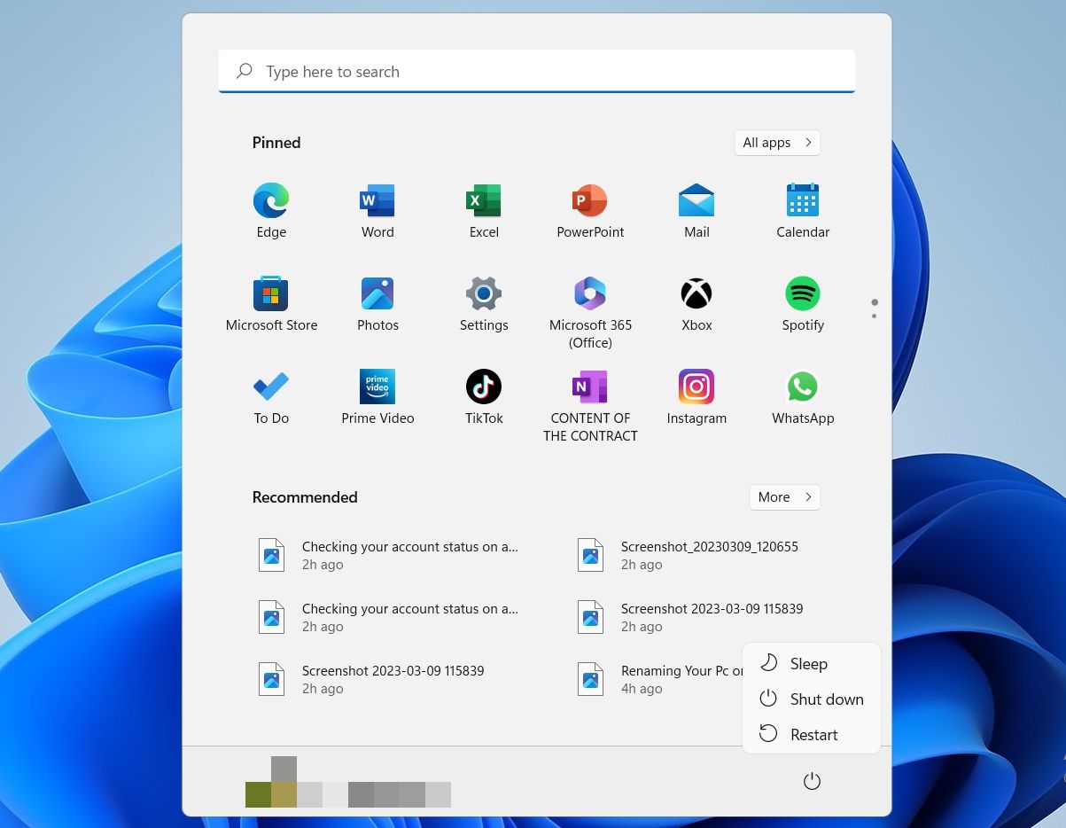 Screenshot showing Windows 11 shutdown options in the Start menu