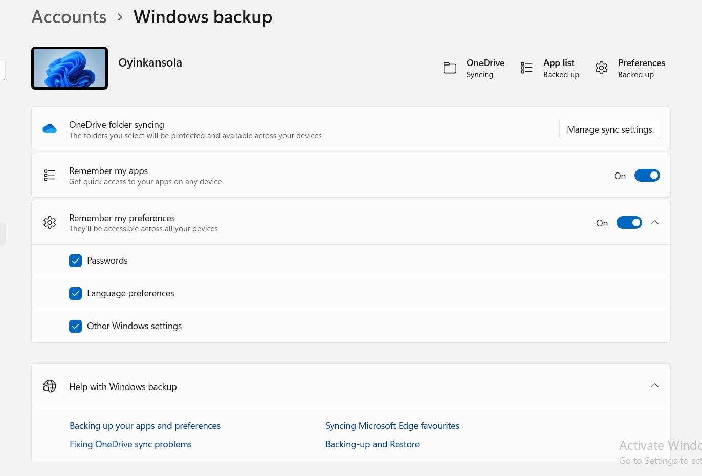 Screenshot showing Windows 11 sync settings