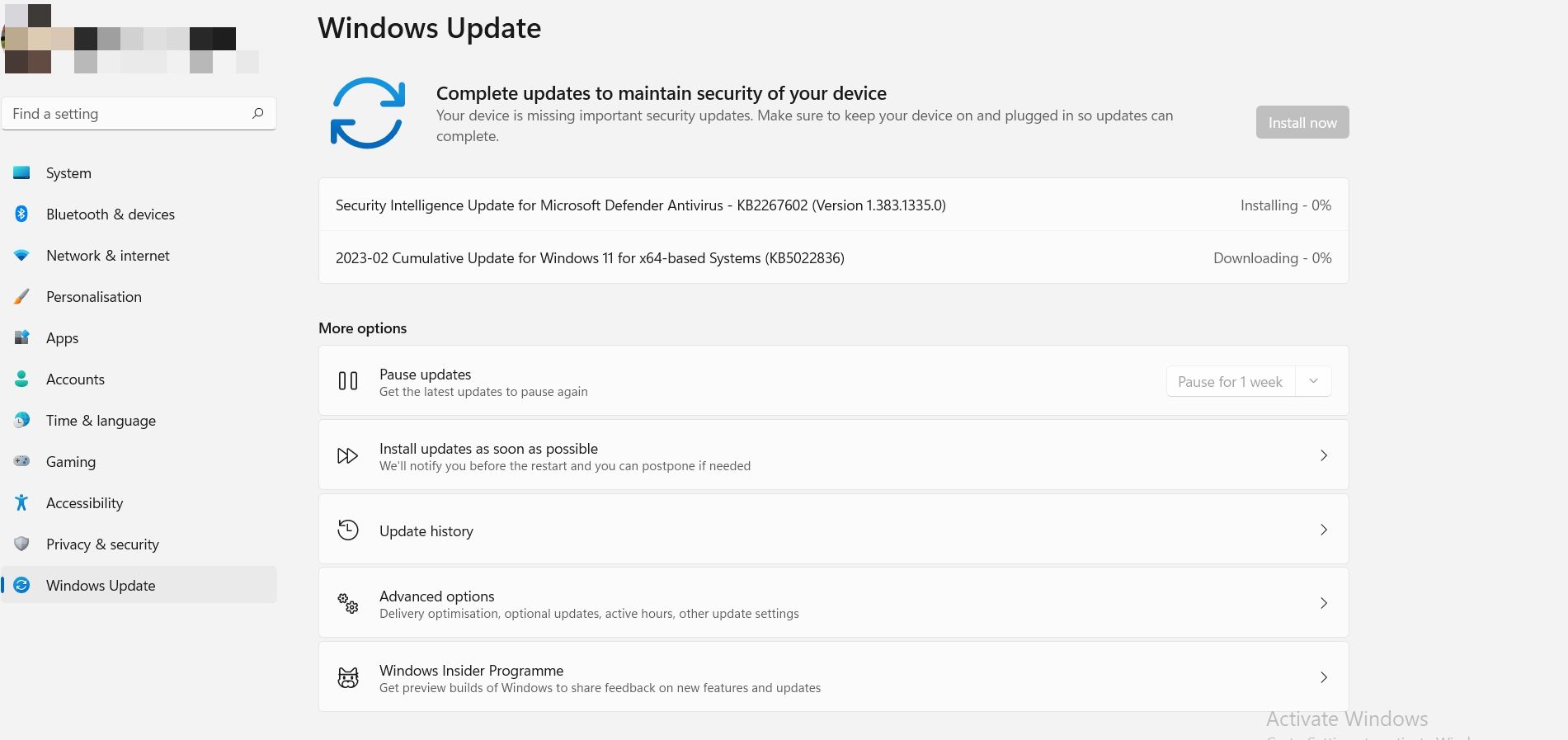Screenshot showing Windows 11 update settings