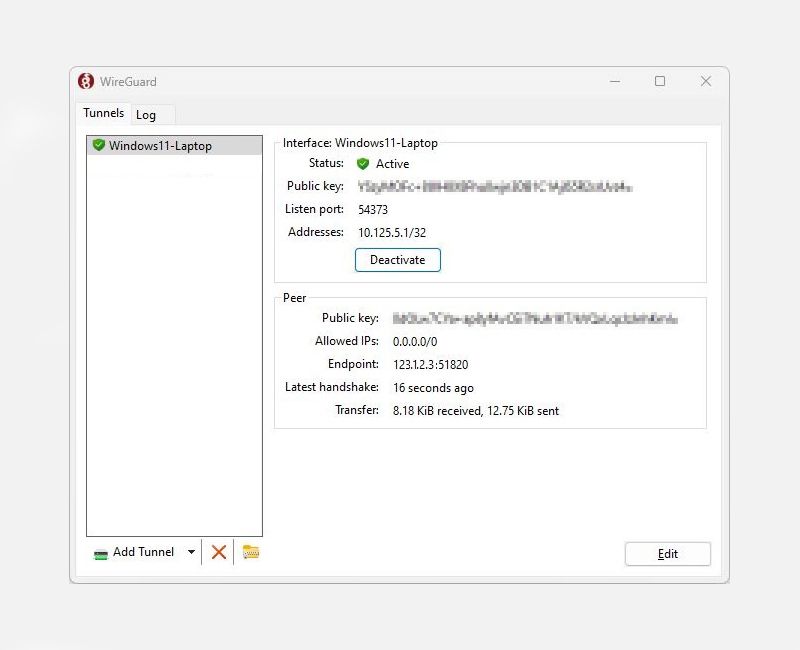 Screenshot of windows 11 wireguard client connected
