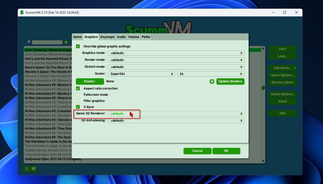 ScummVM Game Options Graphics Game 3D Renderer