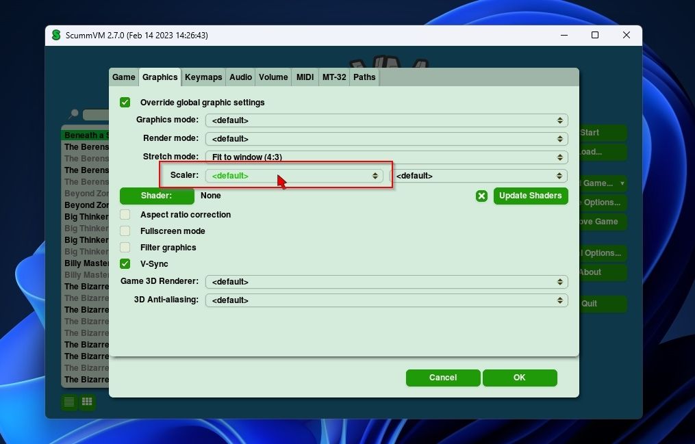 ScummVM Game Options Graphics Scaler