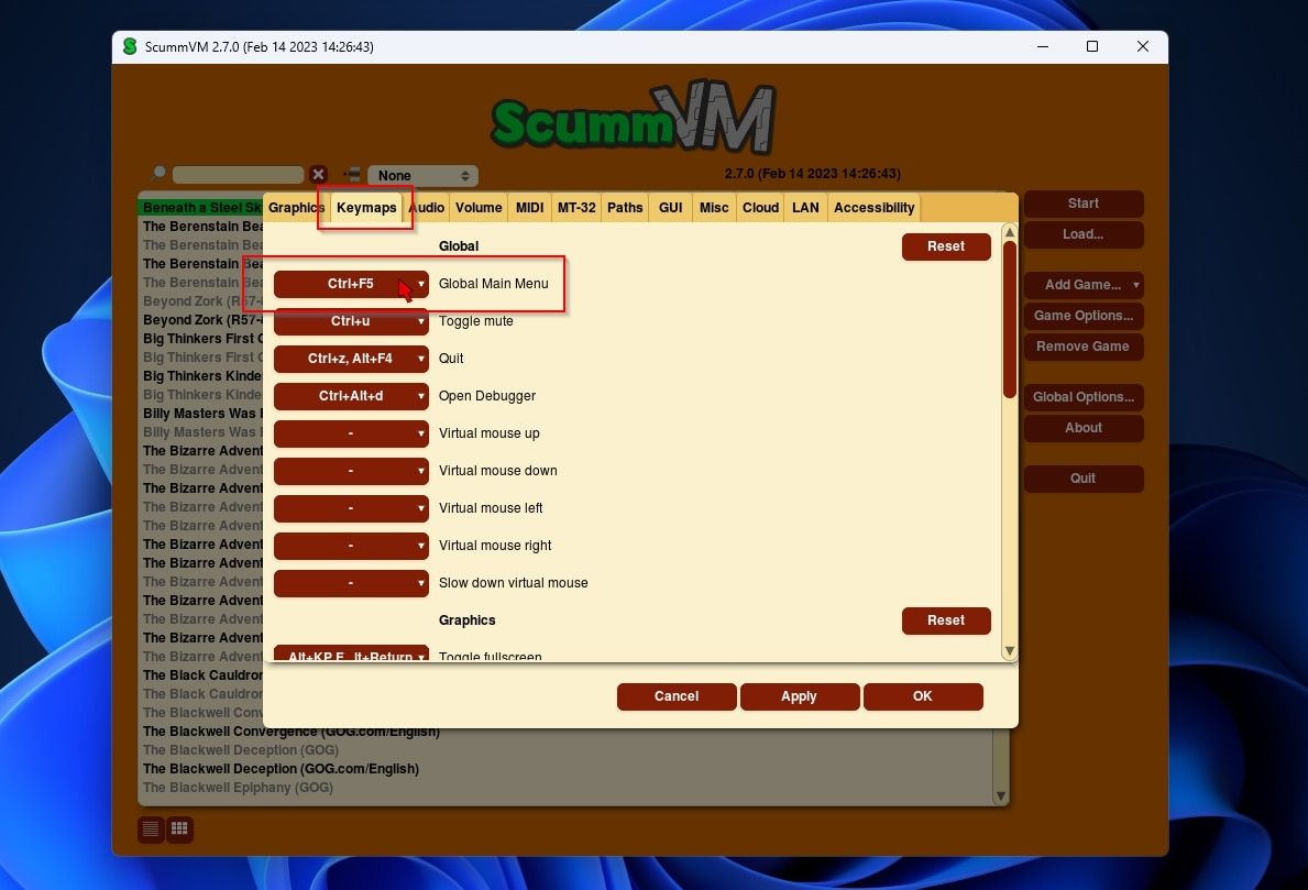 ScummVM Global Keymaps منوی اصلی جهانی